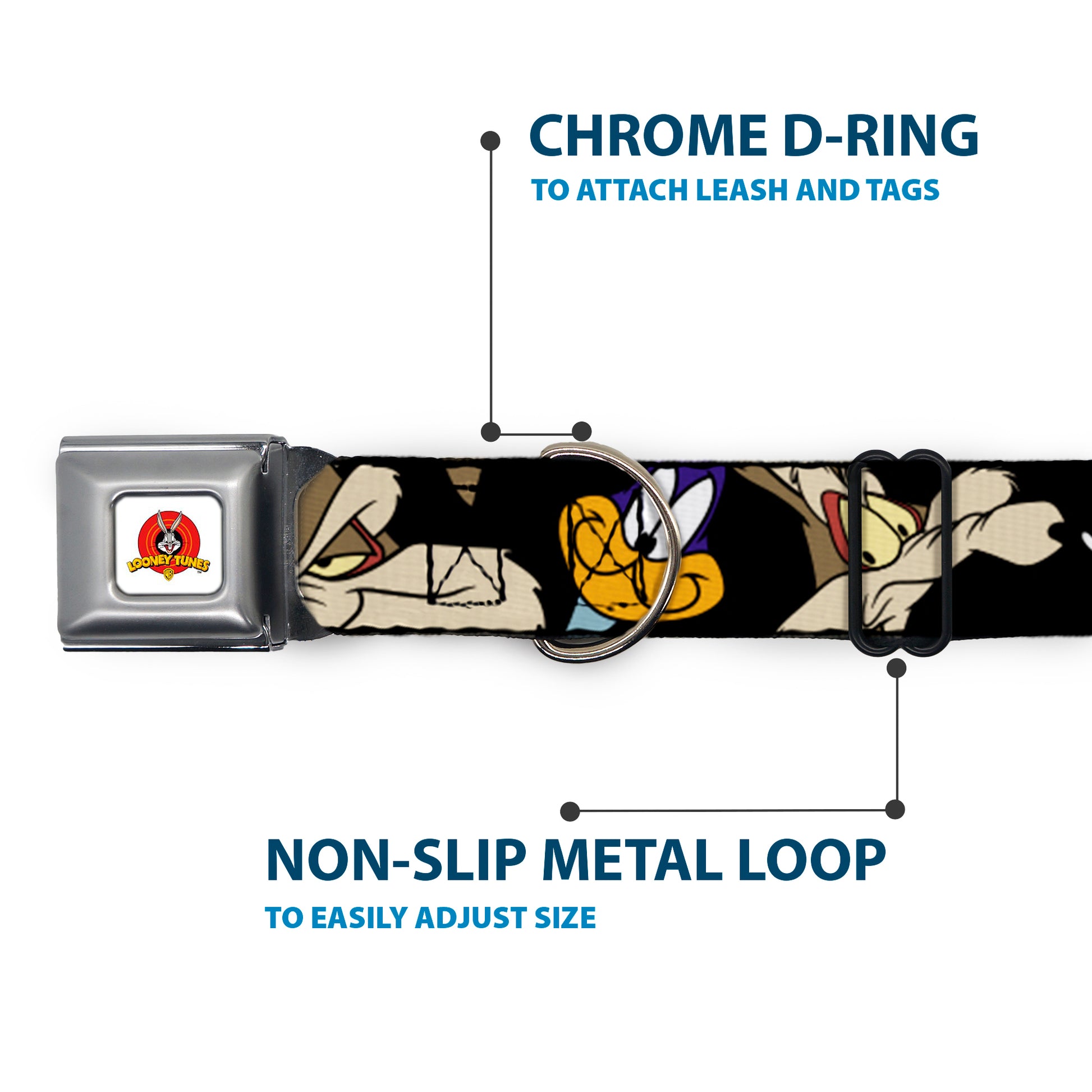 Looney Tunes Logo White Seatbelt Buckle Collar - Road Runner/Wile E. Coyote Expressions CLOSE-UP Black Seatbelt Buckle Collars Looney Tunes