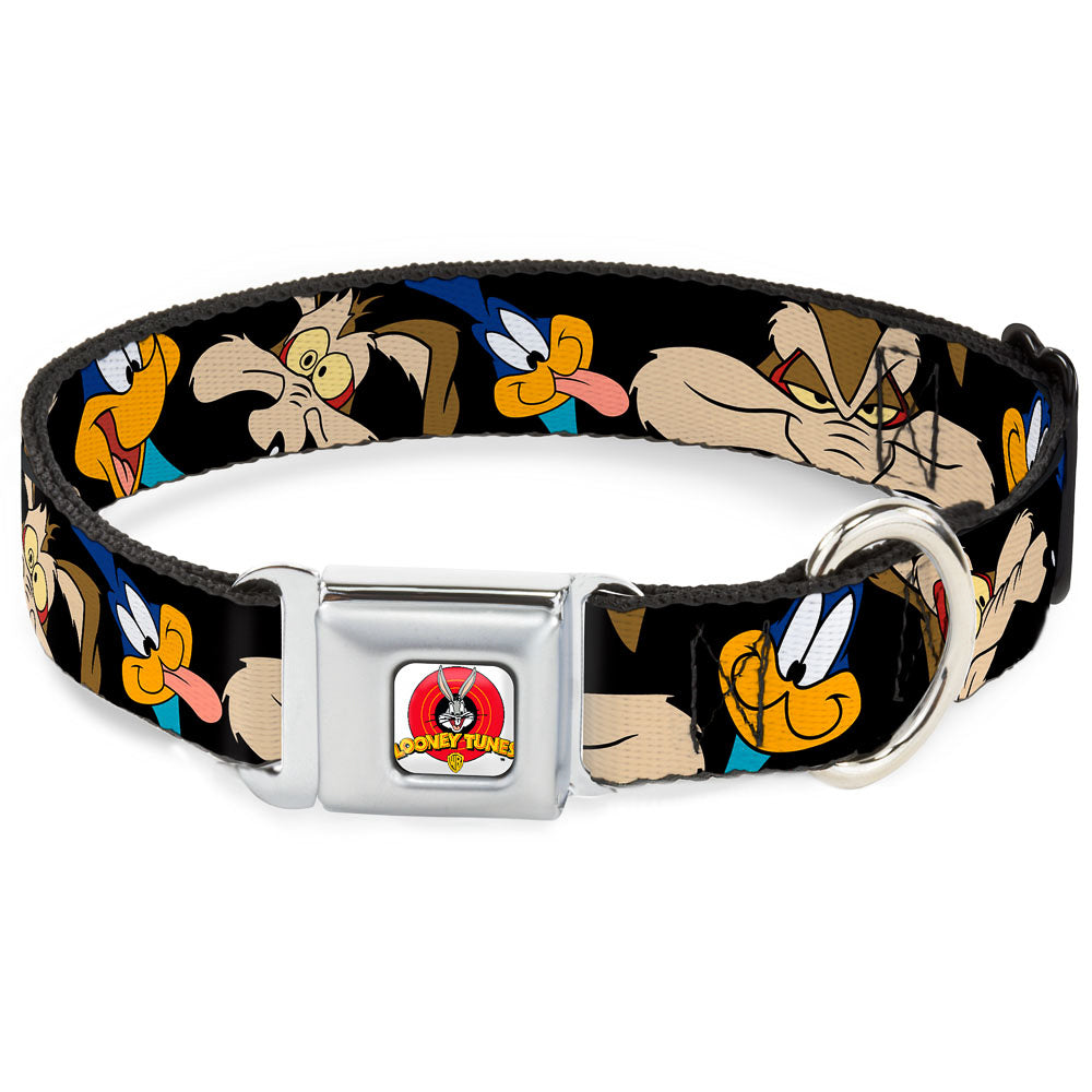 Looney Tunes Logo White Seatbelt Buckle Collar - Road Runner/Wile E. Coyote Expressions CLOSE-UP Black Seatbelt Buckle Collars Looney Tunes