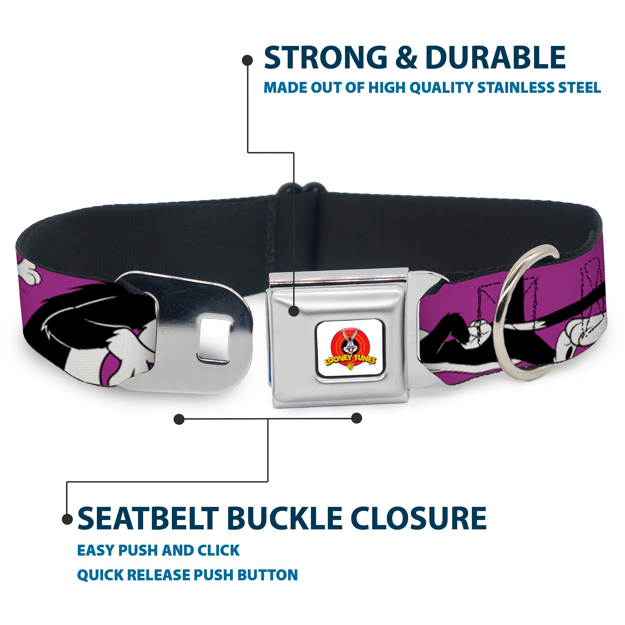 Looney Tunes Logo Full Color White Seatbelt Buckle Collar - Sylvester the Cat Poses Purple Seatbelt Buckle Collars Looney Tunes