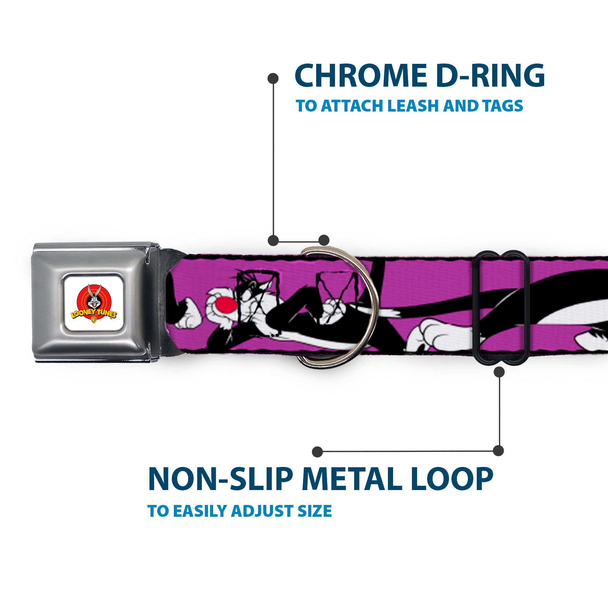 Looney Tunes Logo Full Color White Seatbelt Buckle Collar - Sylvester the Cat Poses Purple Seatbelt Buckle Collars Looney Tunes