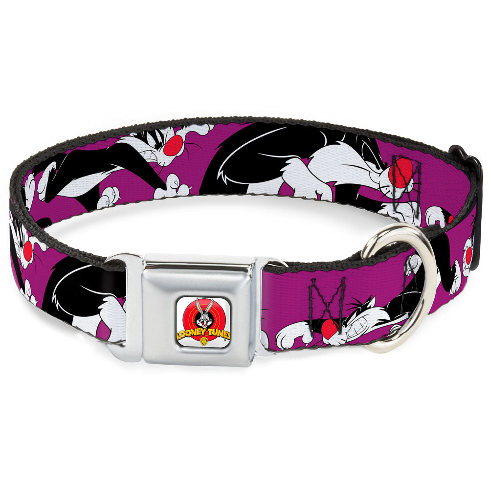 Looney Tunes Logo Full Color White Seatbelt Buckle Collar - Sylvester the Cat Poses Purple Seatbelt Buckle Collars Looney Tunes