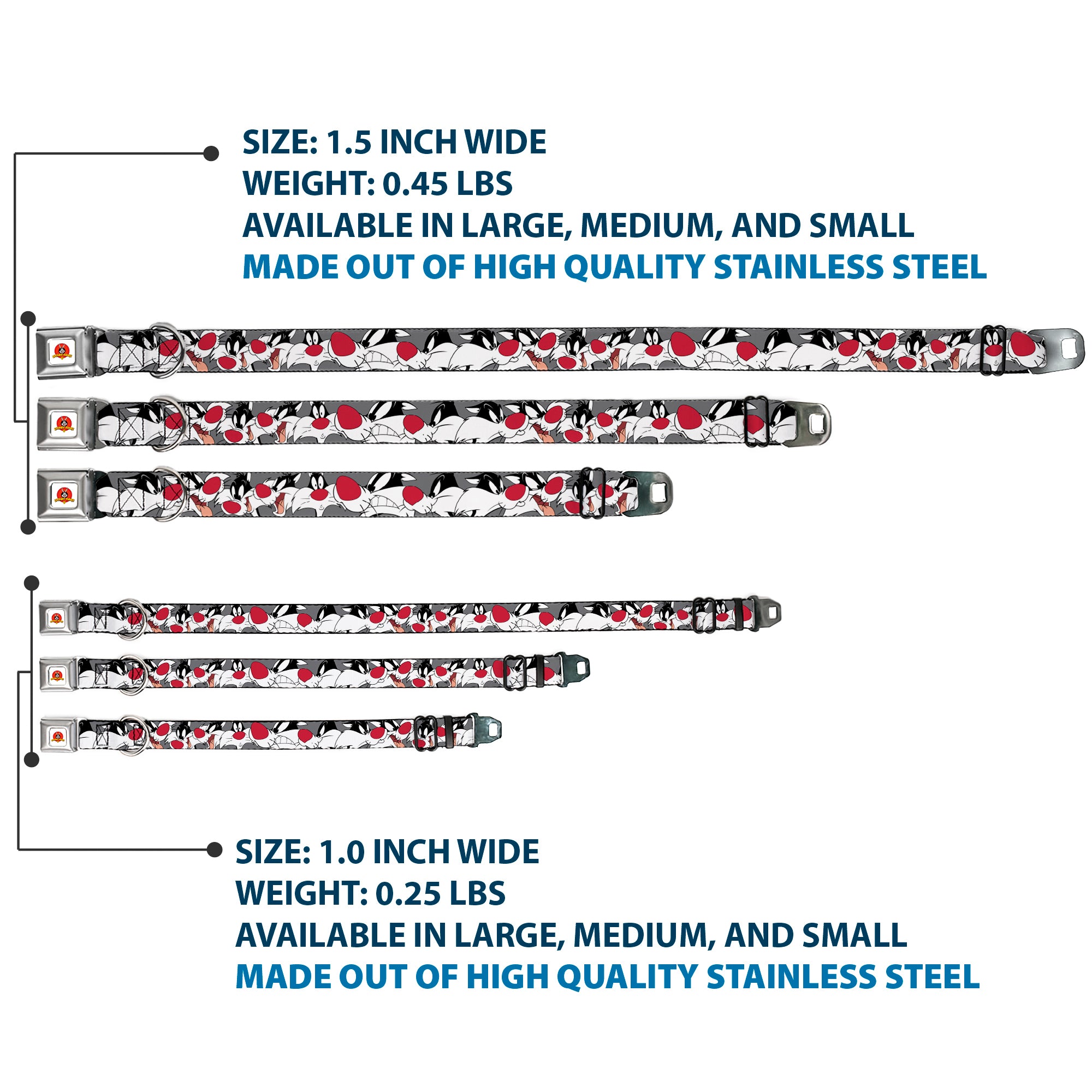 Looney Tunes Logo Full Color White Seatbelt Buckle Collar - Sylvester the Cat Expressions Gray Seatbelt Buckle Collars Looney Tunes