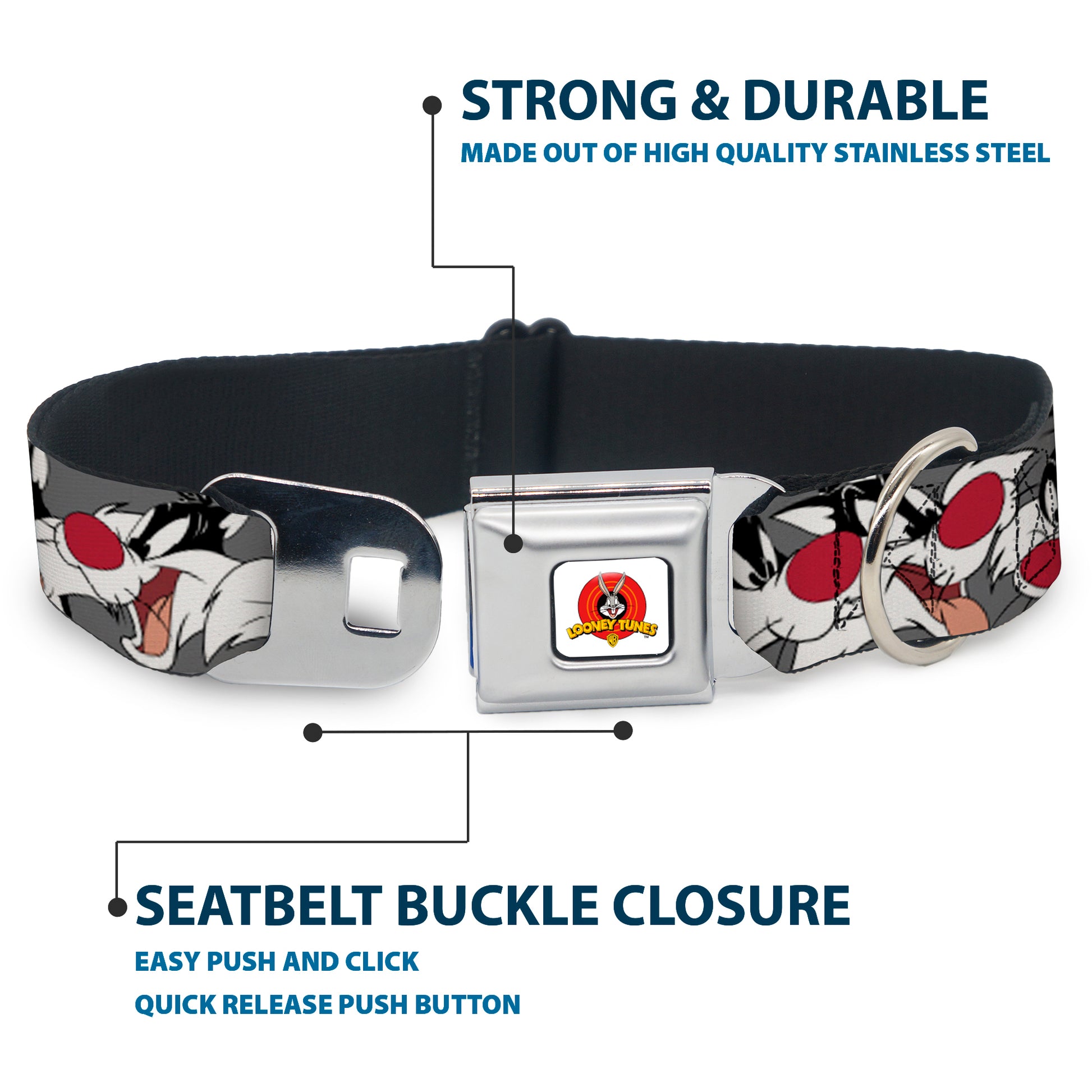 Looney Tunes Logo Full Color White Seatbelt Buckle Collar - Sylvester the Cat Expressions Gray Seatbelt Buckle Collars Looney Tunes