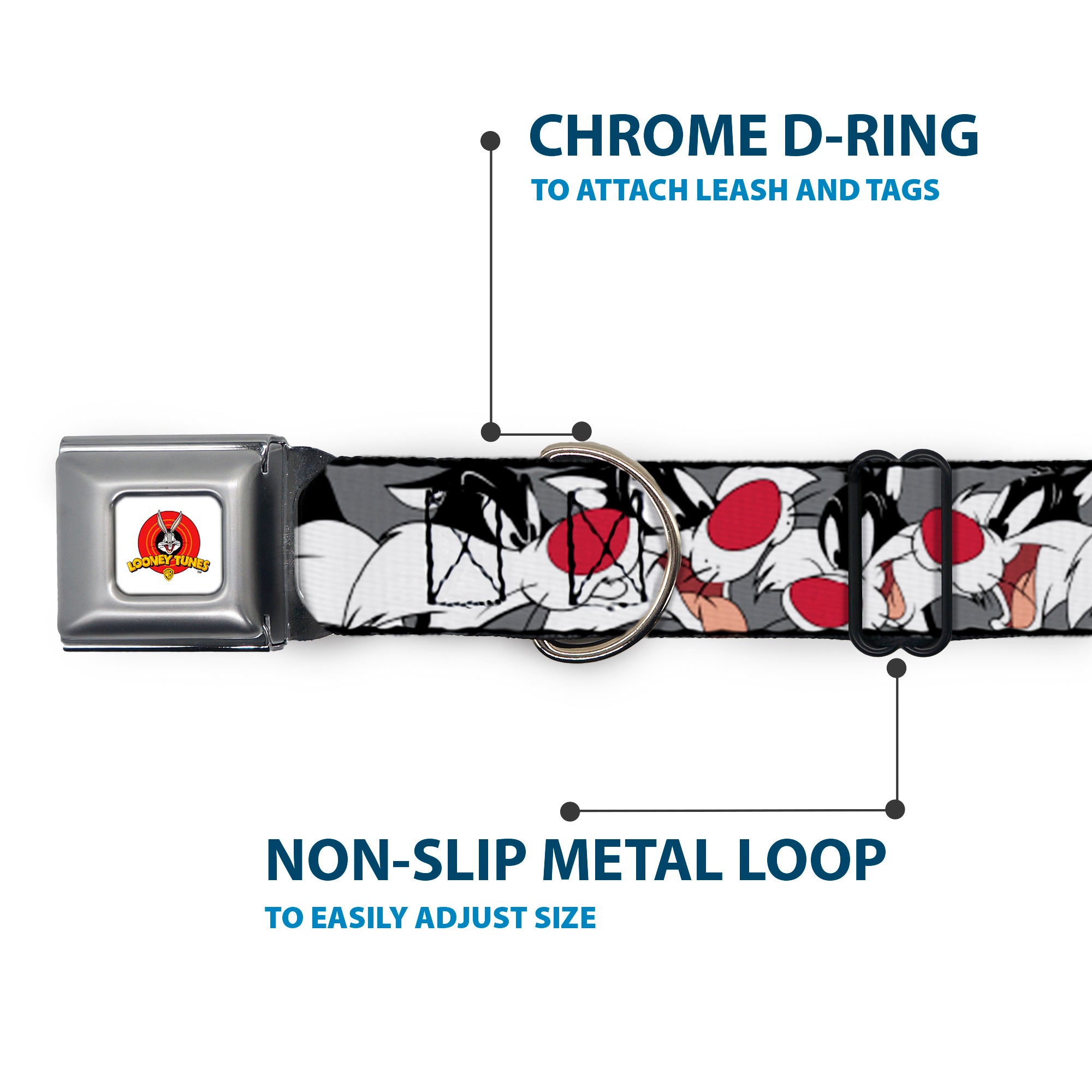 Looney Tunes Logo Full Color White Seatbelt Buckle Collar - Sylvester the Cat Expressions Gray Seatbelt Buckle Collars Looney Tunes