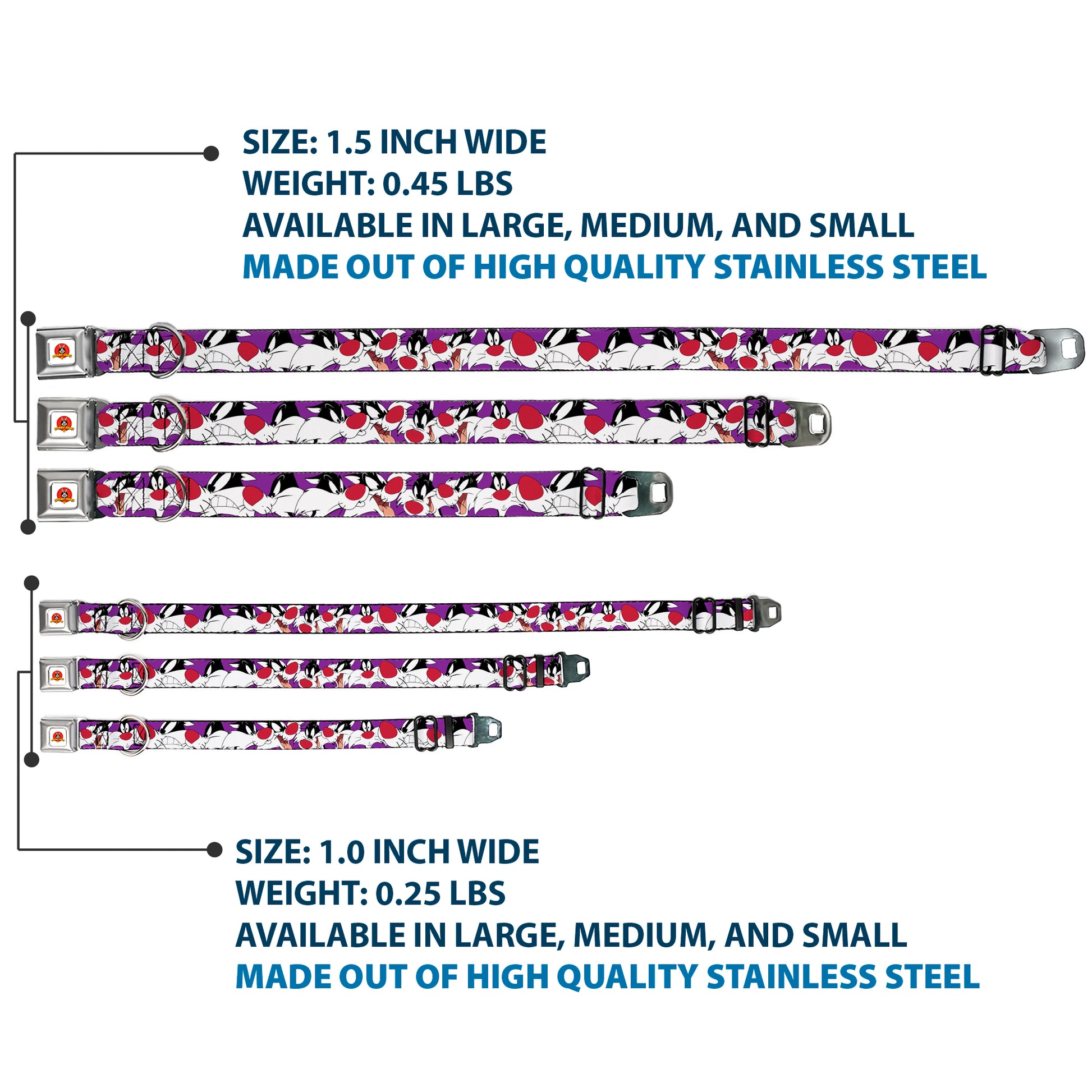 Looney Tunes Logo Full Color White Seatbelt Buckle Collar - Sylvester the Cat Expressions Purple Seatbelt Buckle Collars Looney Tunes