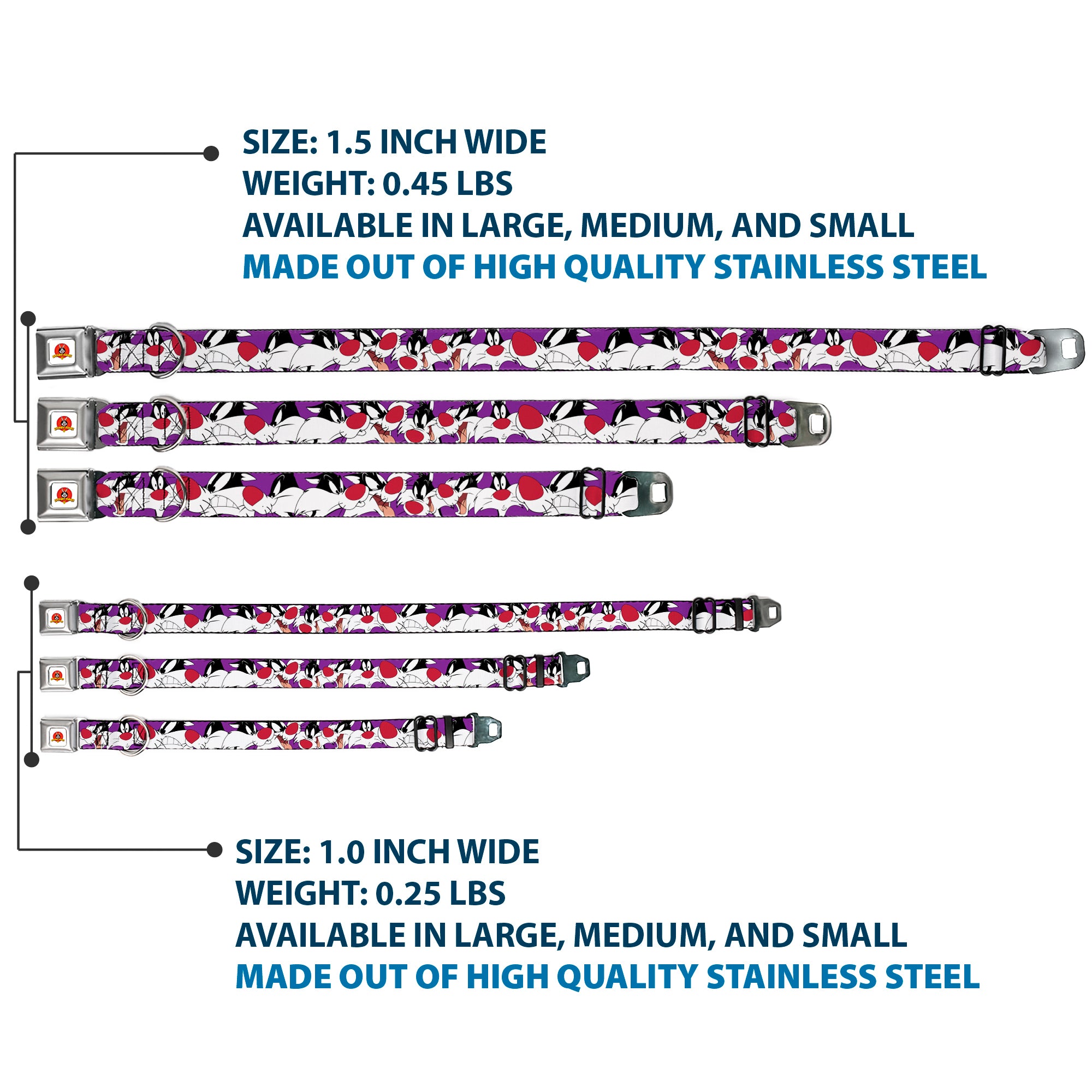 Looney Tunes Logo Full Color White Seatbelt Buckle Collar - Sylvester the Cat Expressions Purple Seatbelt Buckle Collars Looney Tunes