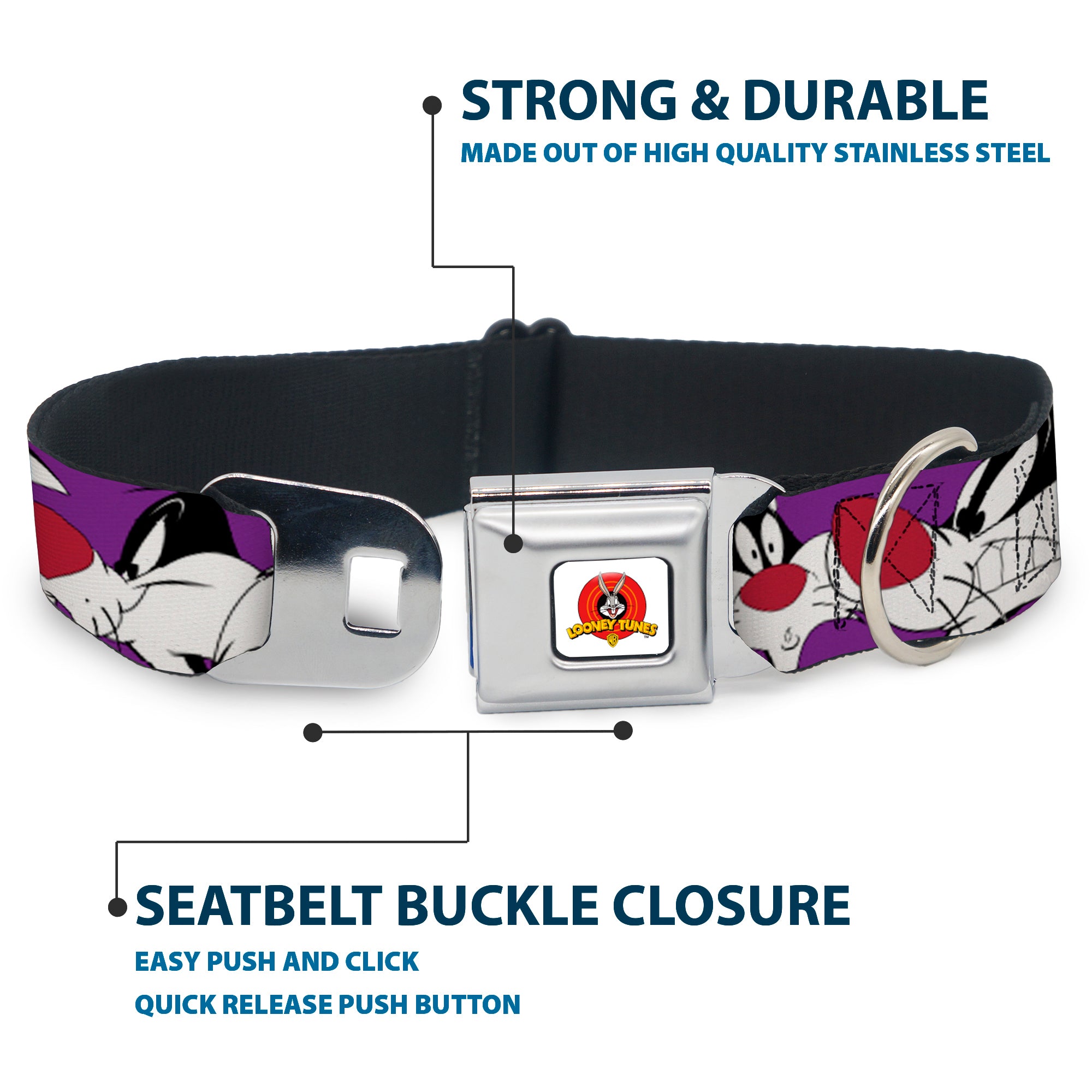 Looney Tunes Logo Full Color White Seatbelt Buckle Collar - Sylvester the Cat Expressions Purple Seatbelt Buckle Collars Looney Tunes