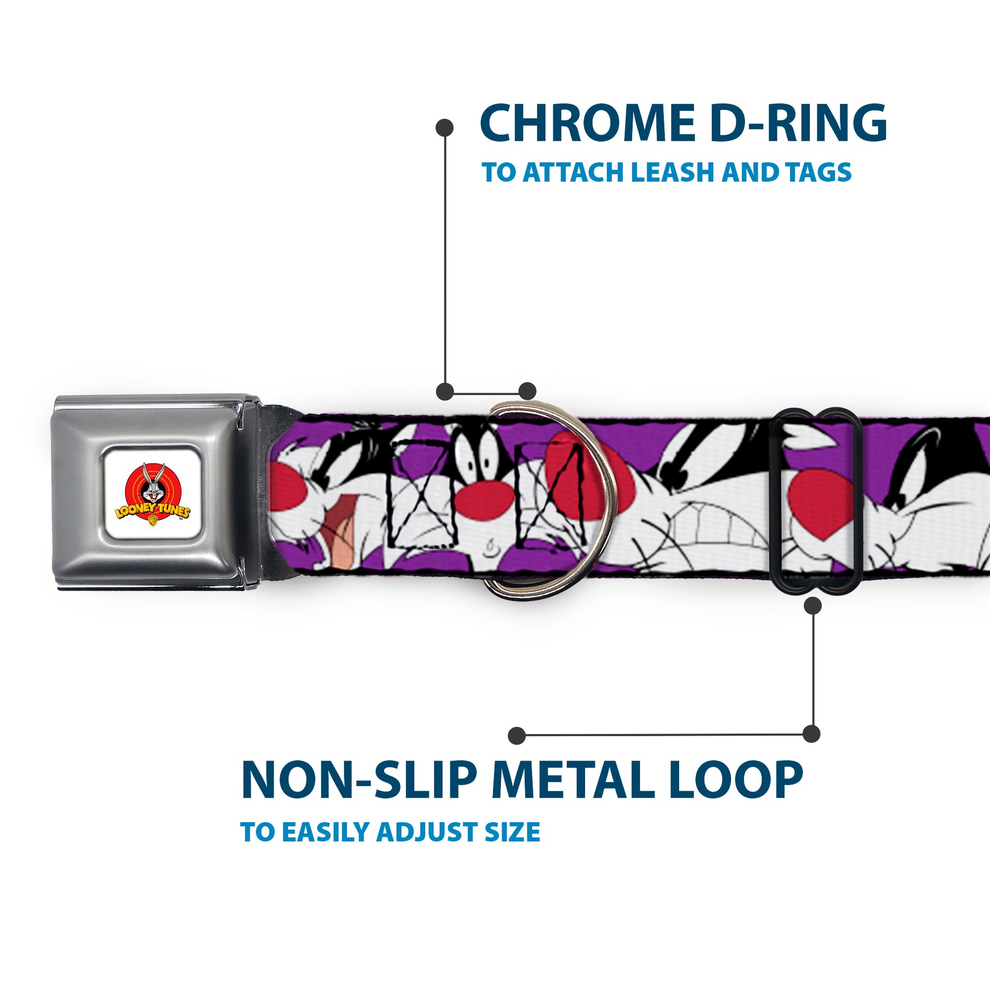 Looney Tunes Logo Full Color White Seatbelt Buckle Collar - Sylvester the Cat Expressions Purple Seatbelt Buckle Collars Looney Tunes