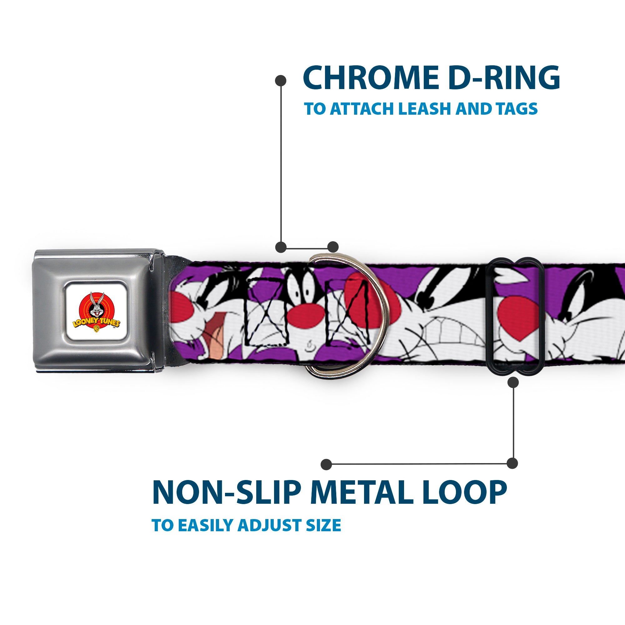 Looney Tunes Logo Full Color White Seatbelt Buckle Collar - Sylvester the Cat Expressions Purple Seatbelt Buckle Collars Looney Tunes