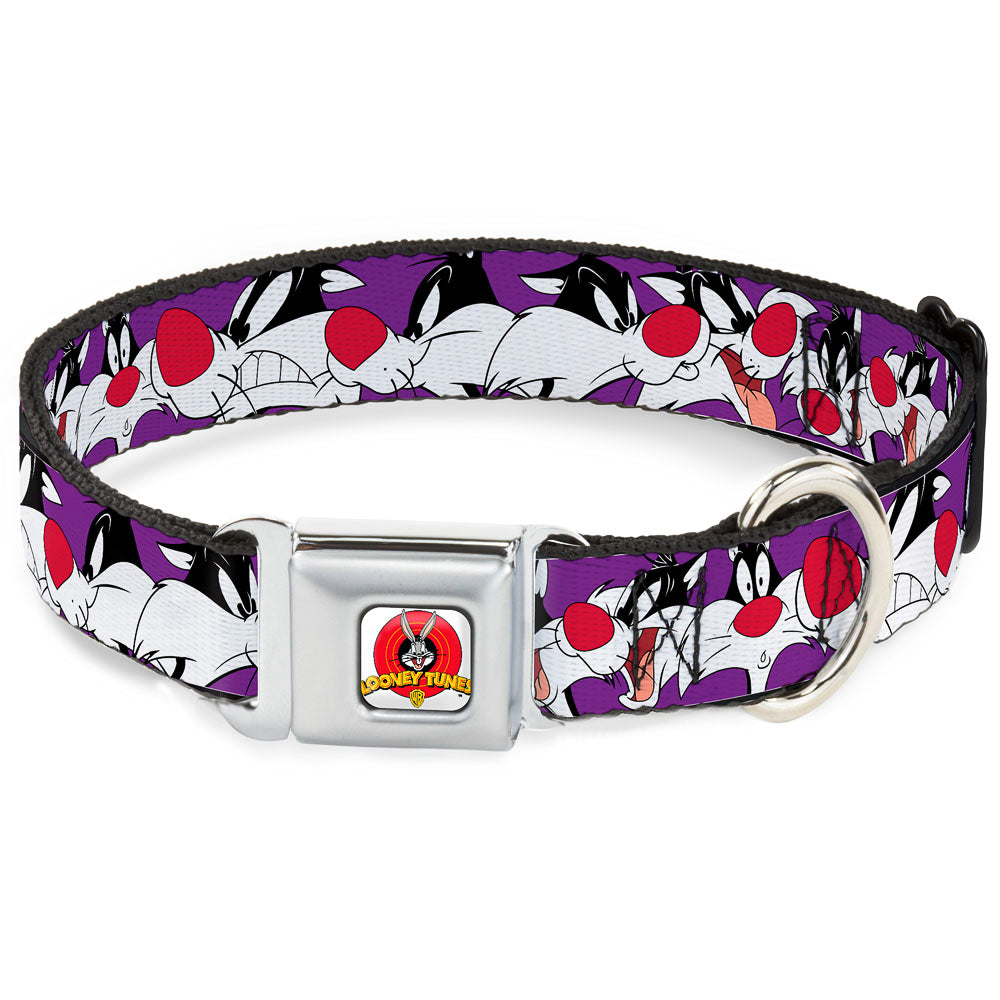 Looney Tunes Logo Full Color White Seatbelt Buckle Collar - Sylvester the Cat Expressions Purple Seatbelt Buckle Collars Looney Tunes