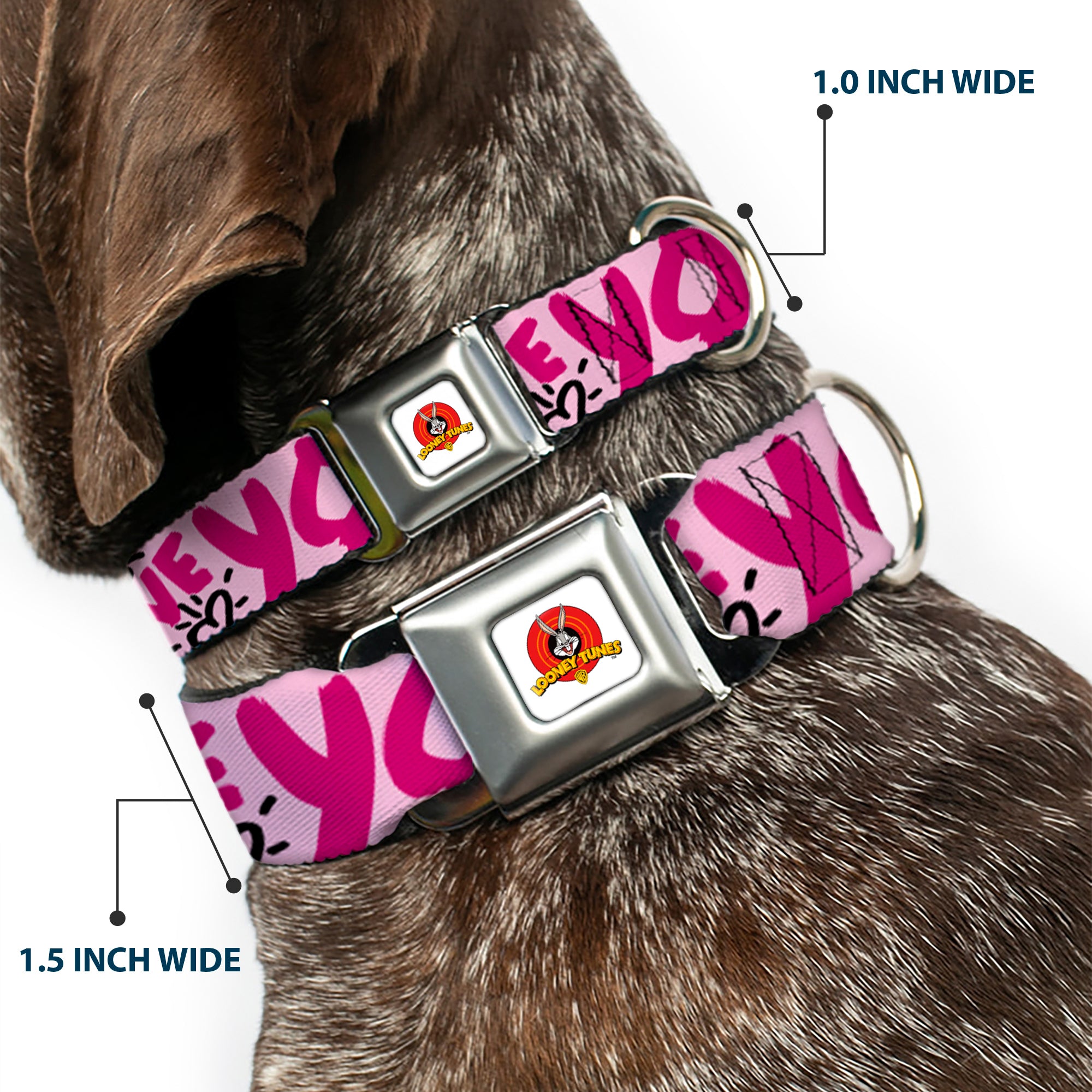Looney Tunes Logo Full Color White Seatbelt Buckle Collar - Tweety Bird I LOVE YOU Pink/Black Seatbelt Buckle Collars Looney Tunes