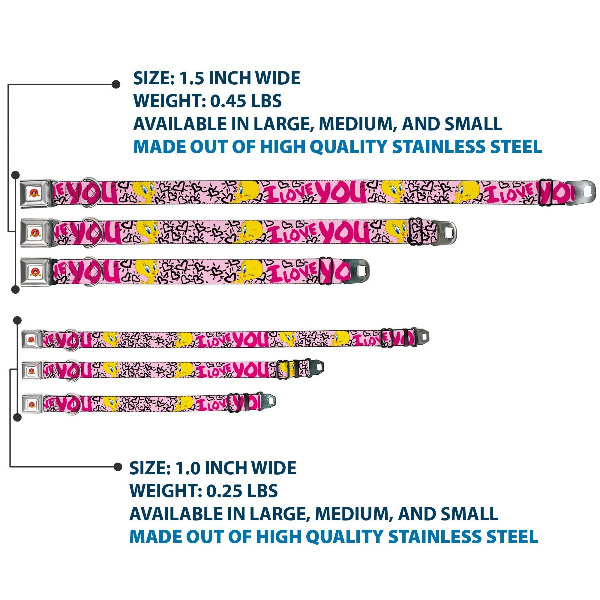 Looney Tunes Logo Full Color White Seatbelt Buckle Collar - Tweety Bird I LOVE YOU Pink/Black Seatbelt Buckle Collars Looney Tunes