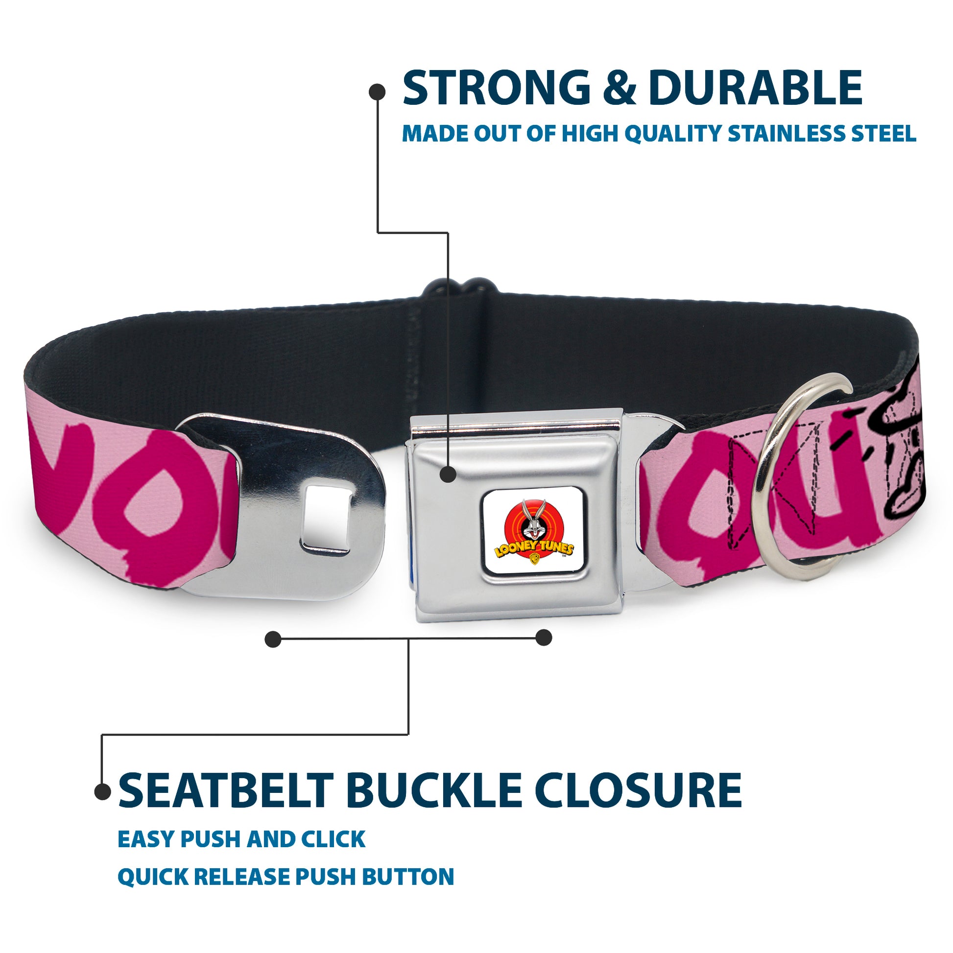 Looney Tunes Logo Full Color White Seatbelt Buckle Collar - Tweety Bird I LOVE YOU Pink/Black Seatbelt Buckle Collars Looney Tunes