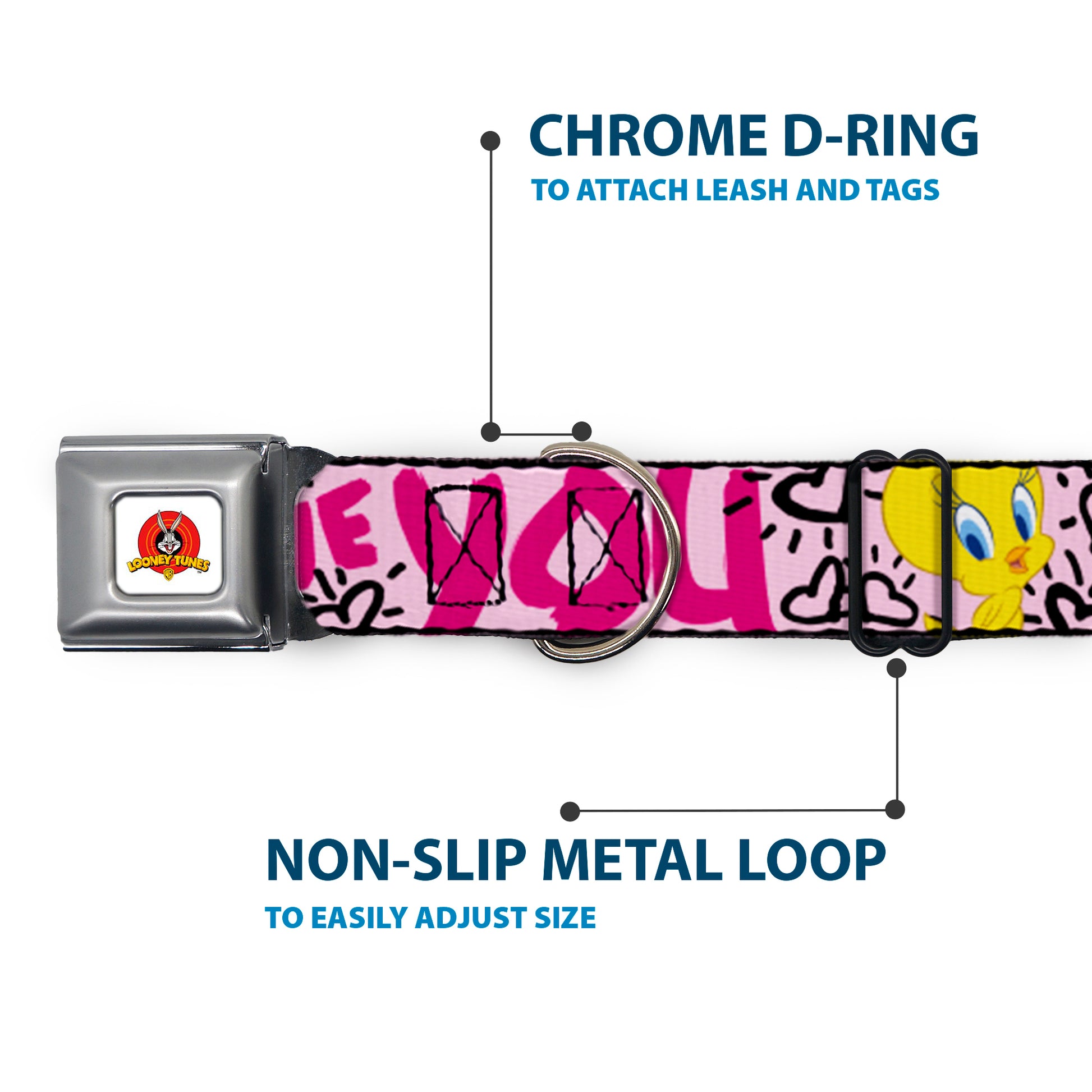 Looney Tunes Logo Full Color White Seatbelt Buckle Collar - Tweety Bird I LOVE YOU Pink/Black Seatbelt Buckle Collars Looney Tunes