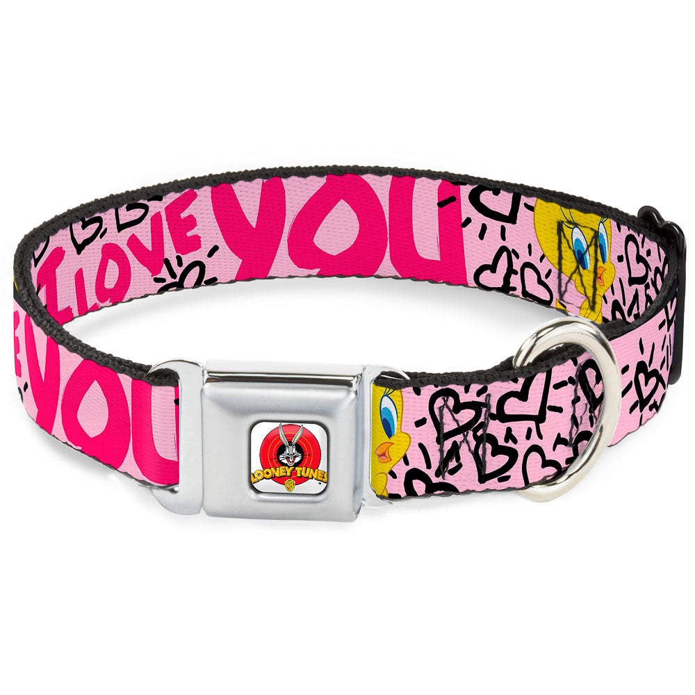 Looney Tunes Logo Full Color White Seatbelt Buckle Collar - Tweety Bird I LOVE YOU Pink/Black Seatbelt Buckle Collars Looney Tunes