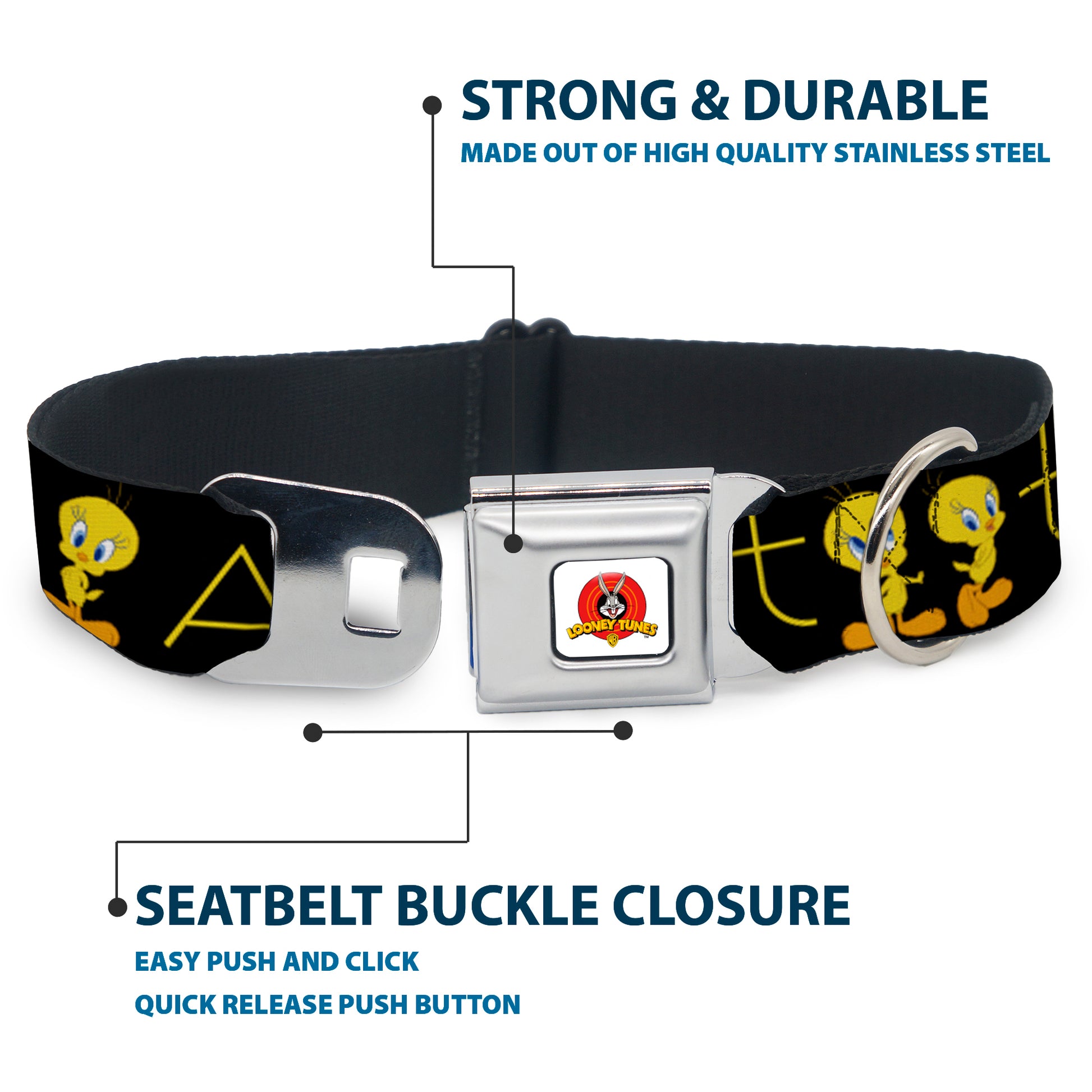 Looney Tunes Logo Full Color White Seatbelt Buckle Collar - Tweety Bird Poses CUTE AND SWEET Black/Yellow Seatbelt Buckle Collars Looney Tunes
