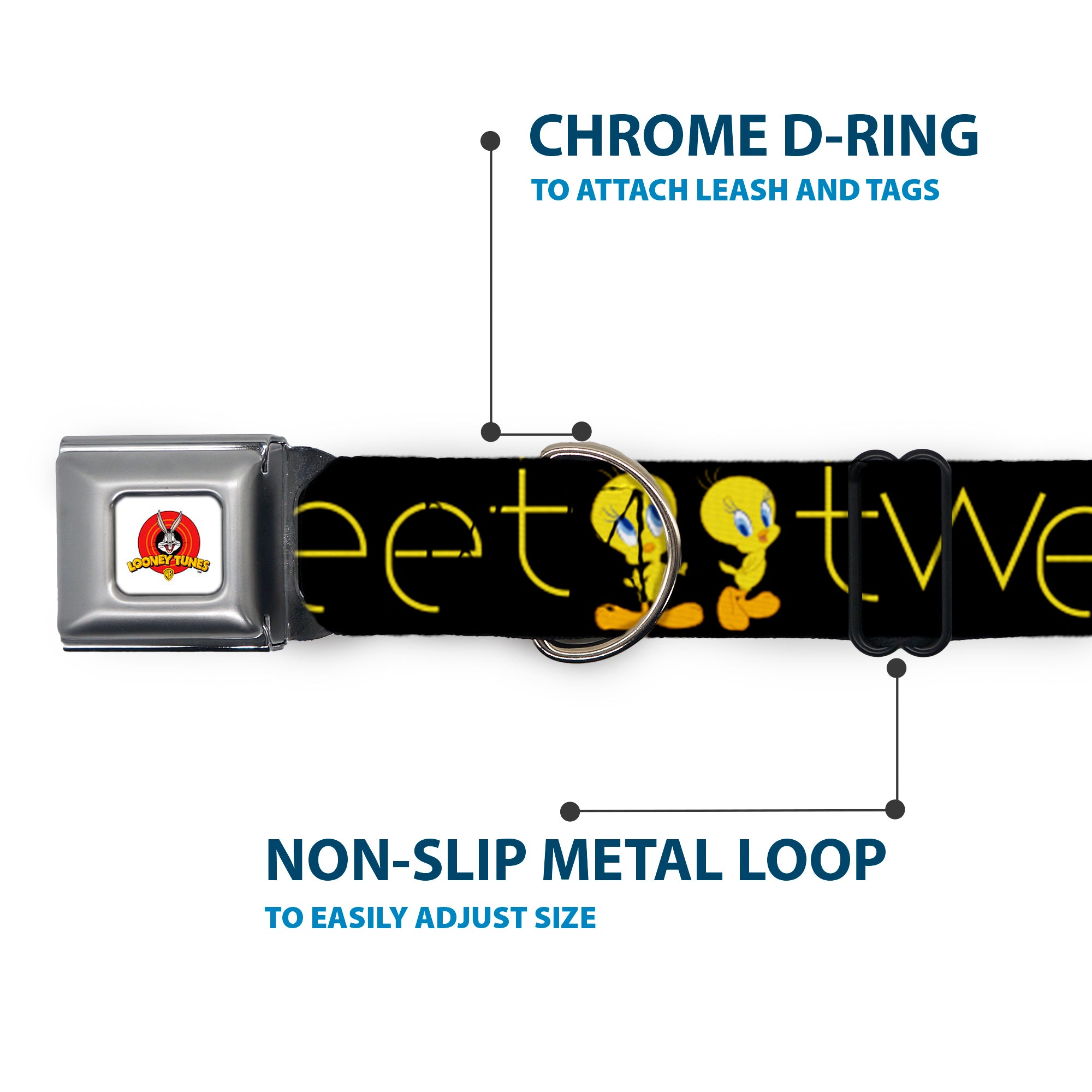 Looney Tunes Logo Full Color White Seatbelt Buckle Collar - Tweety Bird Poses CUTE AND SWEET Black/Yellow Seatbelt Buckle Collars Looney Tunes