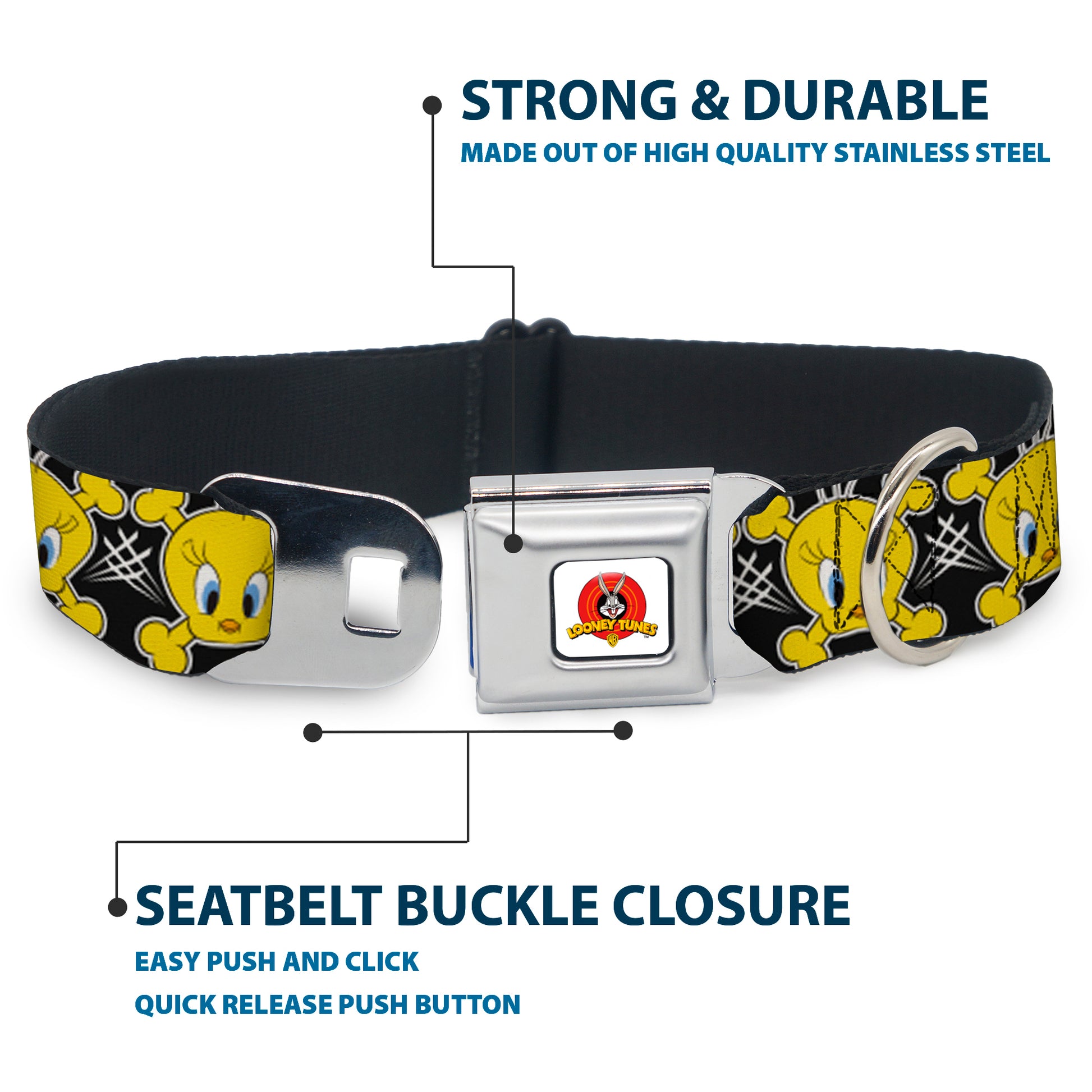 Looney Tunes Logo Full Color White Seatbelt Buckle Collar - Tweety Bird & Crossbones Black/White/Yellow Seatbelt Buckle Collars Looney Tunes