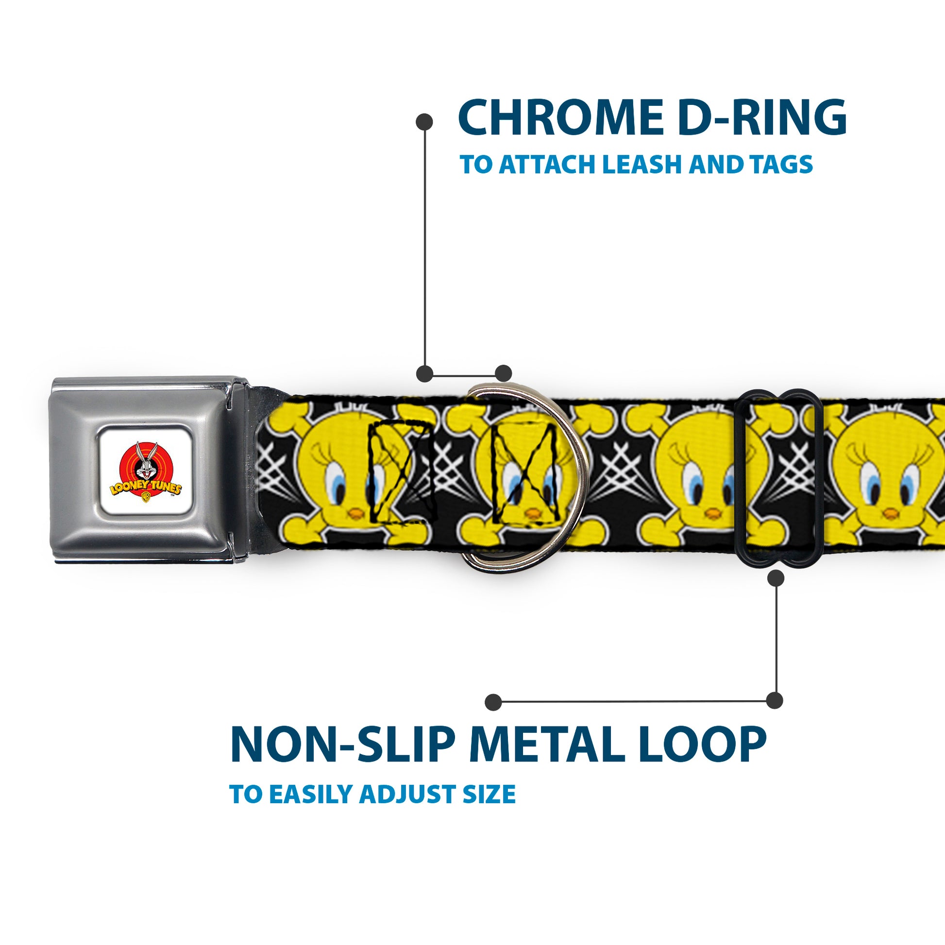 Looney Tunes Logo Full Color White Seatbelt Buckle Collar - Tweety Bird & Crossbones Black/White/Yellow Seatbelt Buckle Collars Looney Tunes