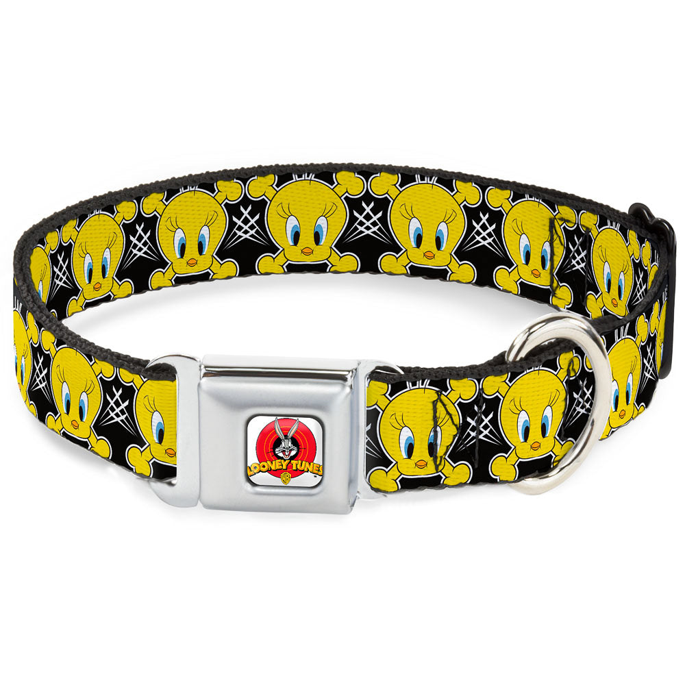 Looney Tunes Logo Full Color White Seatbelt Buckle Collar - Tweety Bird & Crossbones Black/White/Yellow Seatbelt Buckle Collars Looney Tunes