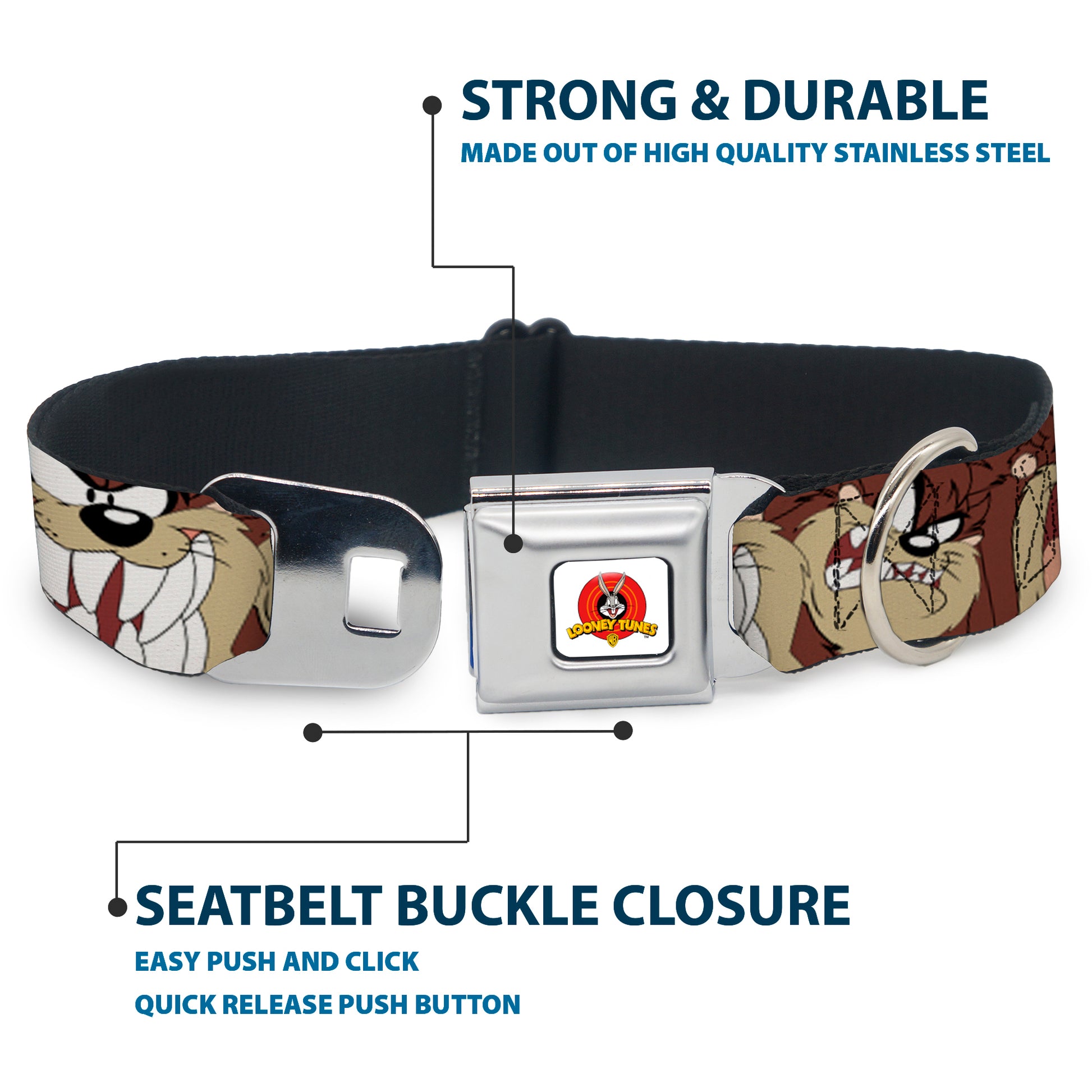 Looney Tunes Logo Full Color White Seatbelt Buckle Collar - Tasmanian Devil Expressions Brown Seatbelt Buckle Collars Looney Tunes