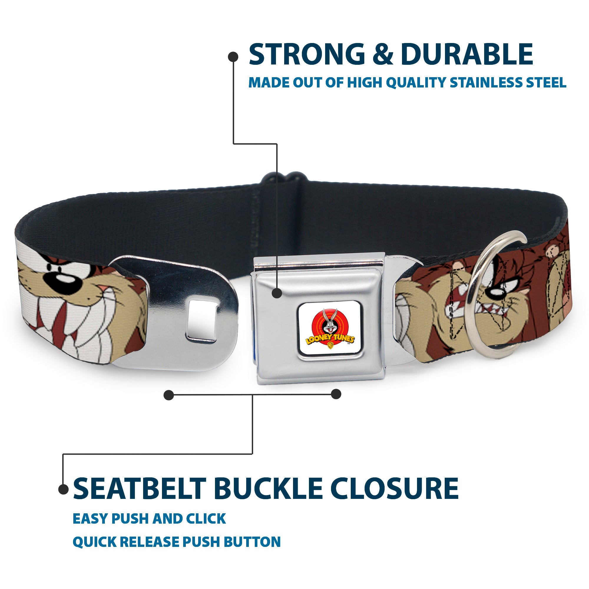 Looney Tunes Logo Full Color White Seatbelt Buckle Collar - Tasmanian Devil Expressions Brown Seatbelt Buckle Collars Looney Tunes