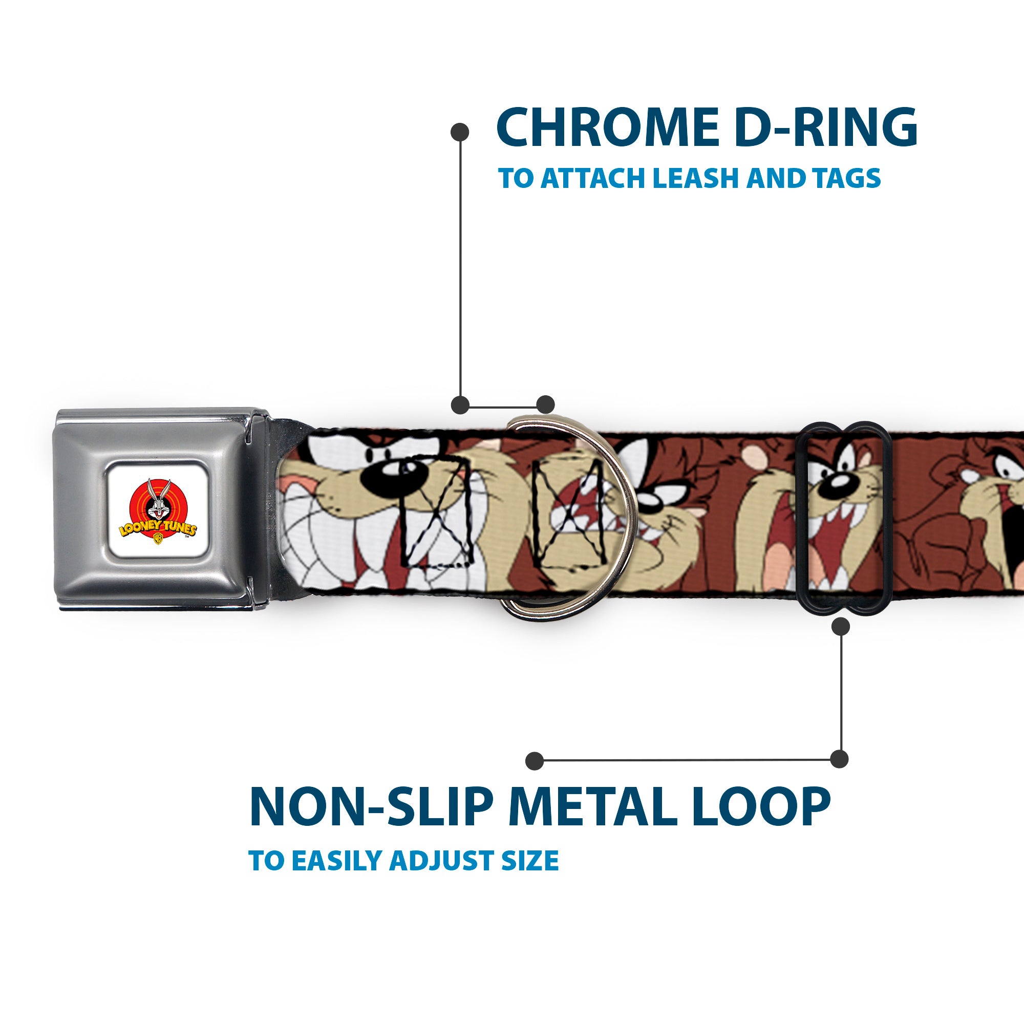 Looney Tunes Logo Full Color White Seatbelt Buckle Collar - Tasmanian Devil Expressions Brown Seatbelt Buckle Collars Looney Tunes