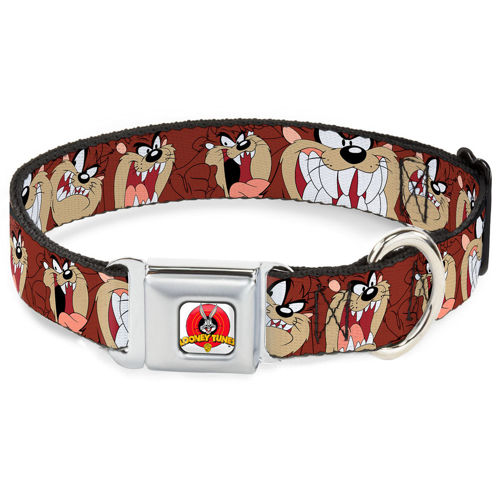 Looney Tunes Logo Full Color White Seatbelt Buckle Collar - Tasmanian Devil Expressions Brown Seatbelt Buckle Collars Looney Tunes