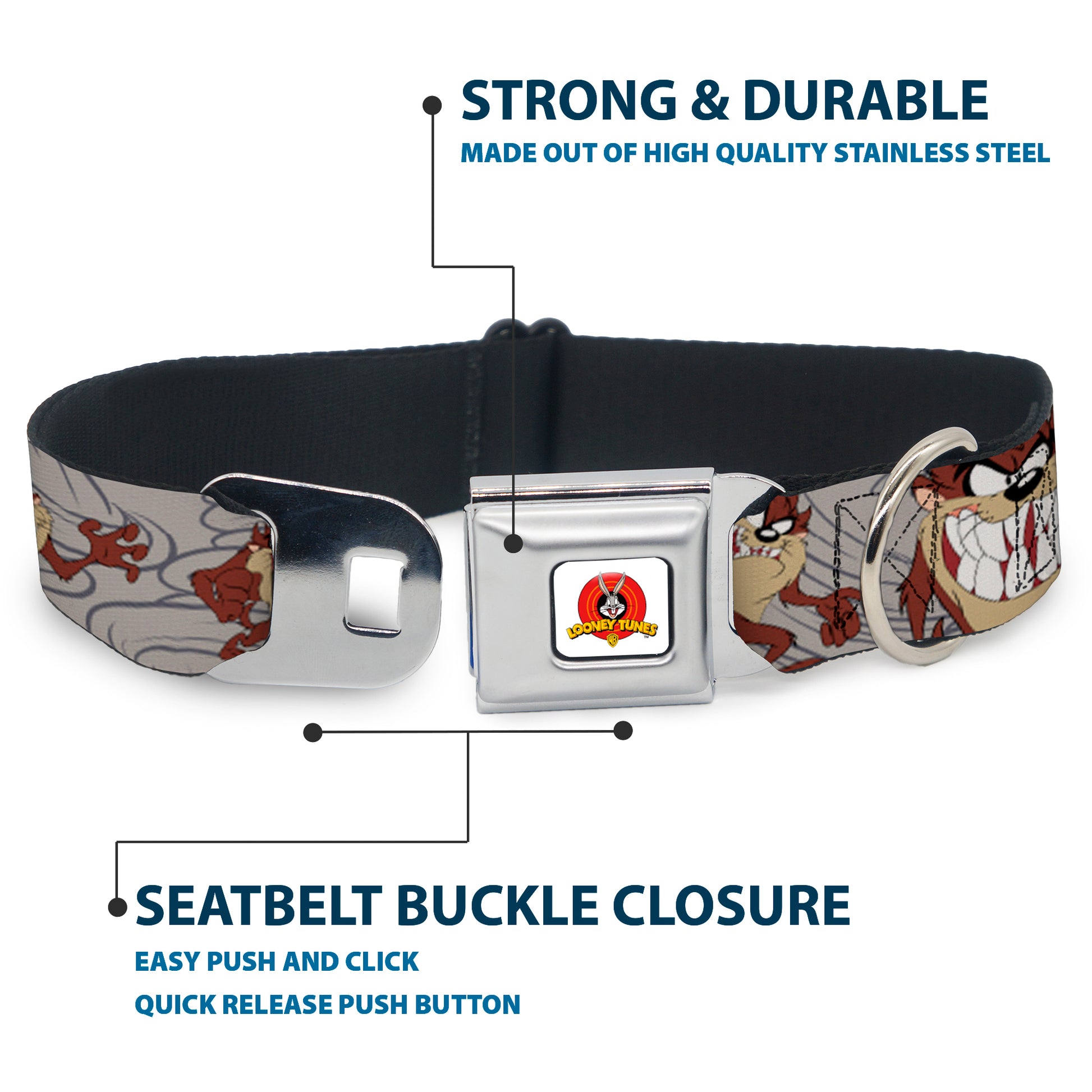 Looney Tunes Logo Full Color White Seatbelt Buckle Collar - Tasmanian Devil Expressions Gray Swirl Seatbelt Buckle Collars Looney Tunes