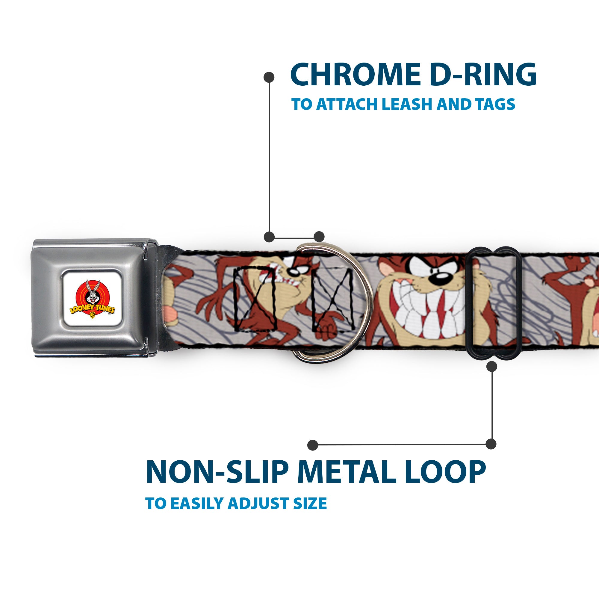 Looney Tunes Logo Full Color White Seatbelt Buckle Collar - Tasmanian Devil Expressions Gray Swirl Seatbelt Buckle Collars Looney Tunes