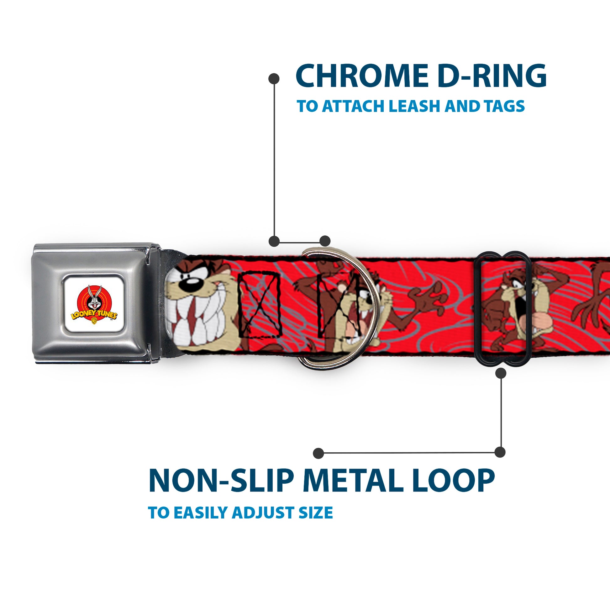 Looney Tunes Logo Full Color White Seatbelt Buckle Collar - Tasmanian Devil Expressions Red Swirl Seatbelt Buckle Collars Looney Tunes