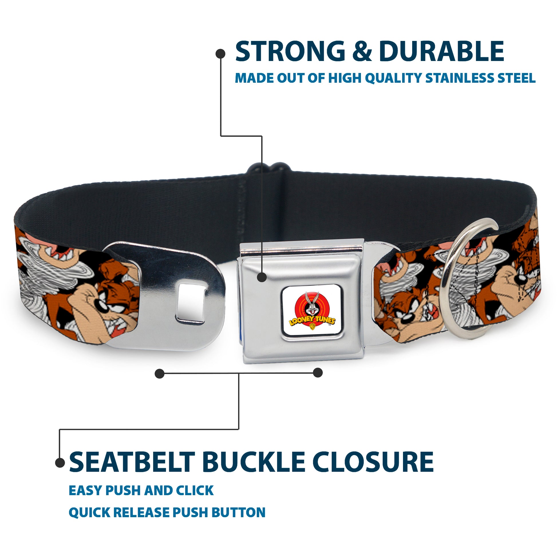 Looney Tunes Logo White Seatbelt Buckle Collar - Tasmanian Devil Vortex Poses Stacked Black Seatbelt Buckle Collars Looney Tunes