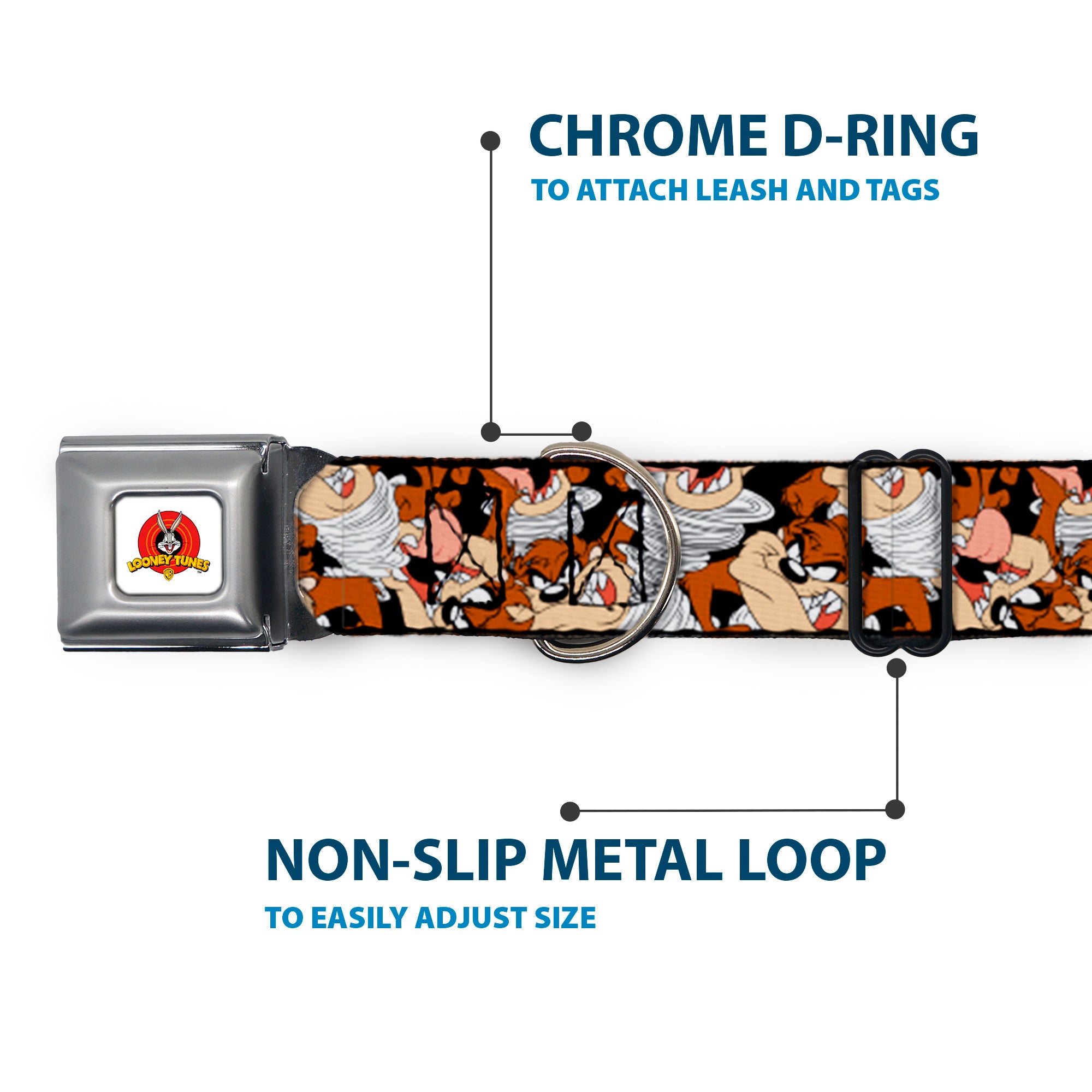Looney Tunes Logo White Seatbelt Buckle Collar - Tasmanian Devil Vortex Poses Stacked Black Seatbelt Buckle Collars Looney Tunes