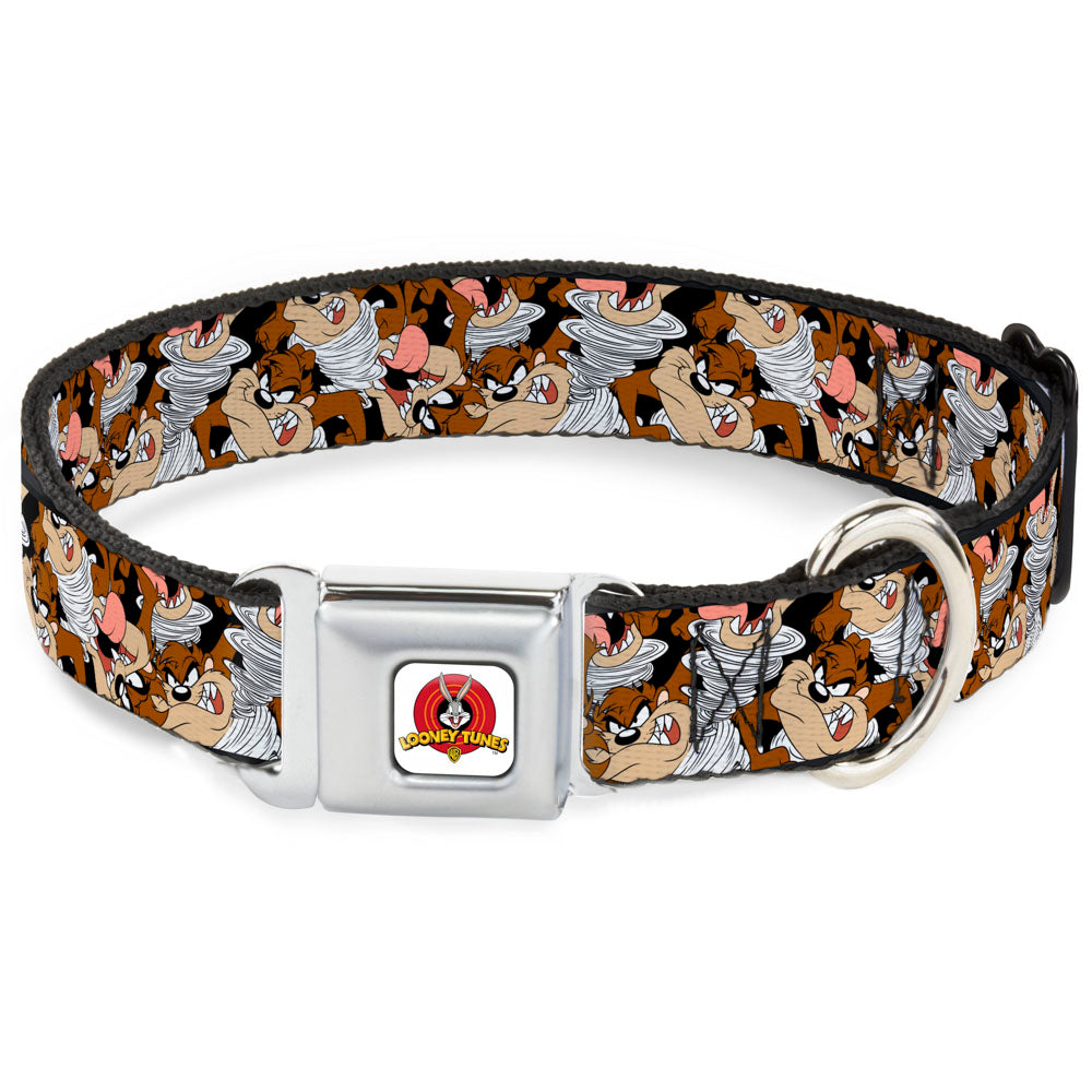 Looney Tunes Logo White Seatbelt Buckle Collar - Tasmanian Devil Vortex Poses Stacked Black Seatbelt Buckle Collars Looney Tunes