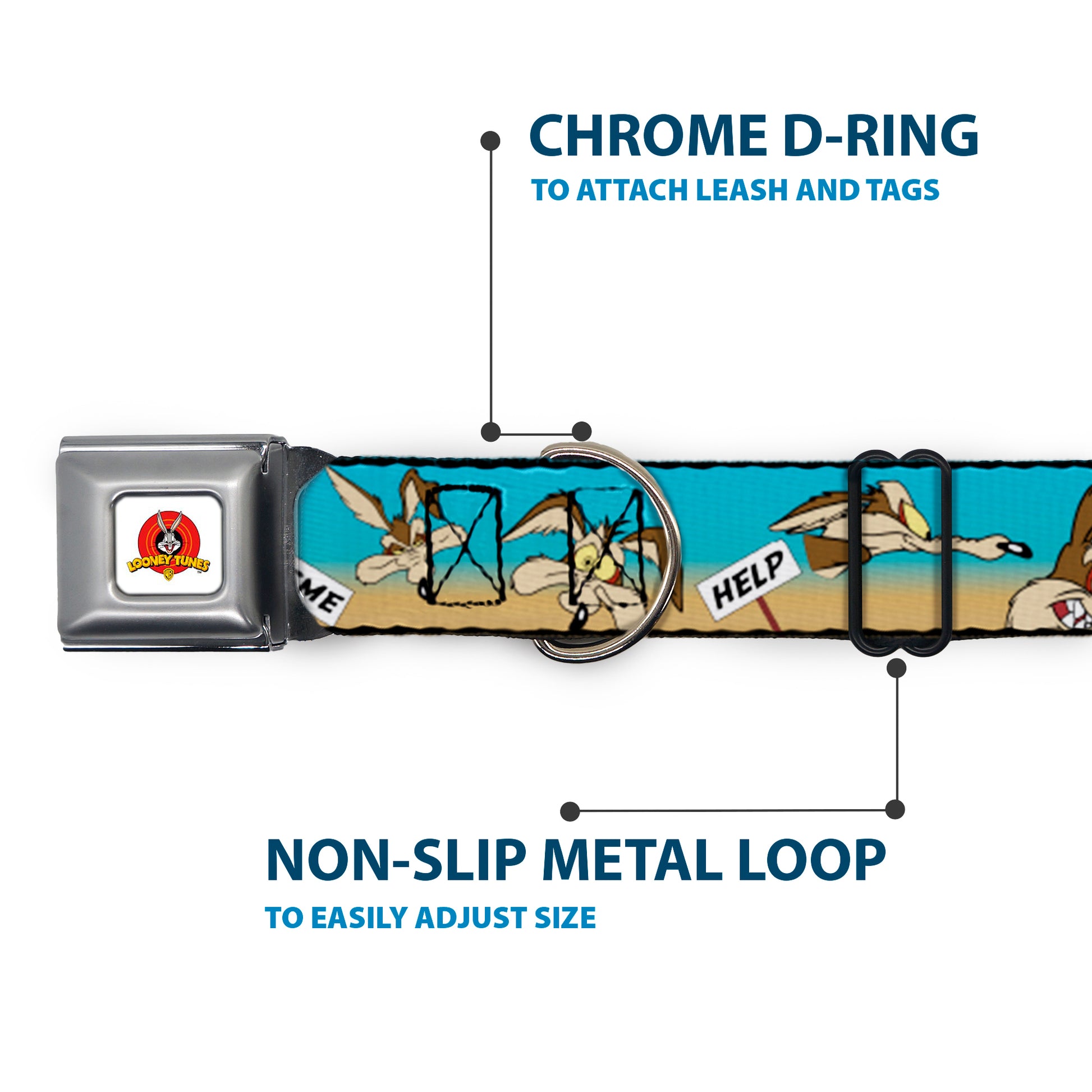 Looney Tunes Logo Full Color White Seatbelt Buckle Collar - WILE E. COYOTE Expressions/Signs Desert Seatbelt Buckle Collars Looney Tunes
