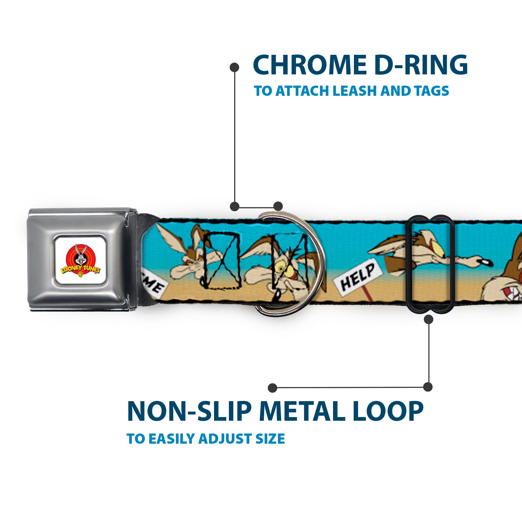 Looney Tunes Logo Full Color White Seatbelt Buckle Collar - WILE E. COYOTE Expressions/Signs Desert Seatbelt Buckle Collars Looney Tunes