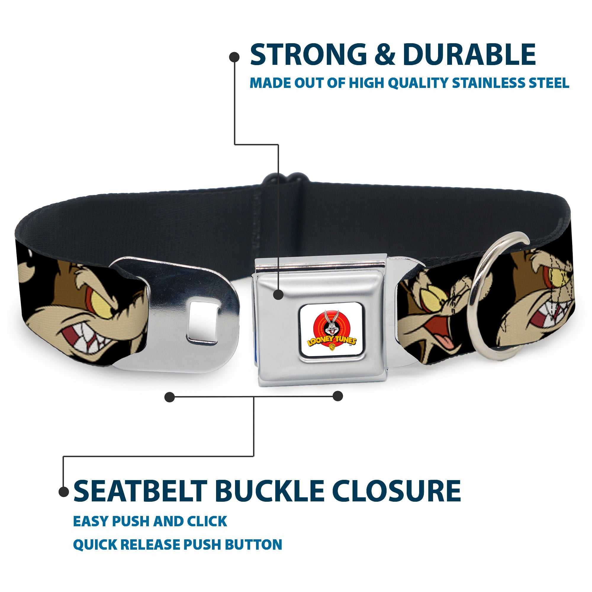 Looney Tunes Logo Full Color White Seatbelt Buckle Collar - Wile E. Coyote Expressions Black Seatbelt Buckle Collars Looney Tunes