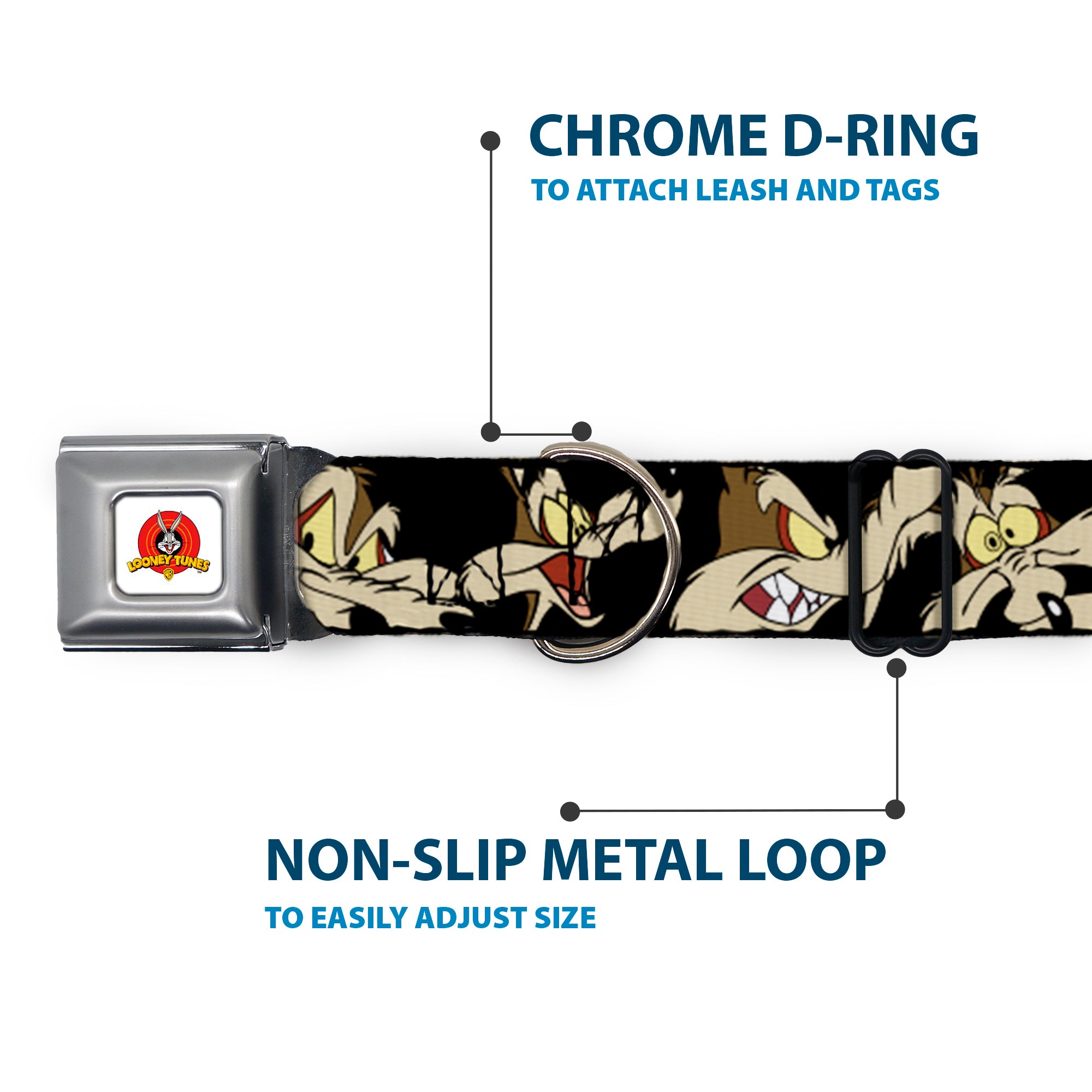 Looney Tunes Logo Full Color White Seatbelt Buckle Collar - Wile E. Coyote Expressions Black Seatbelt Buckle Collars Looney Tunes
