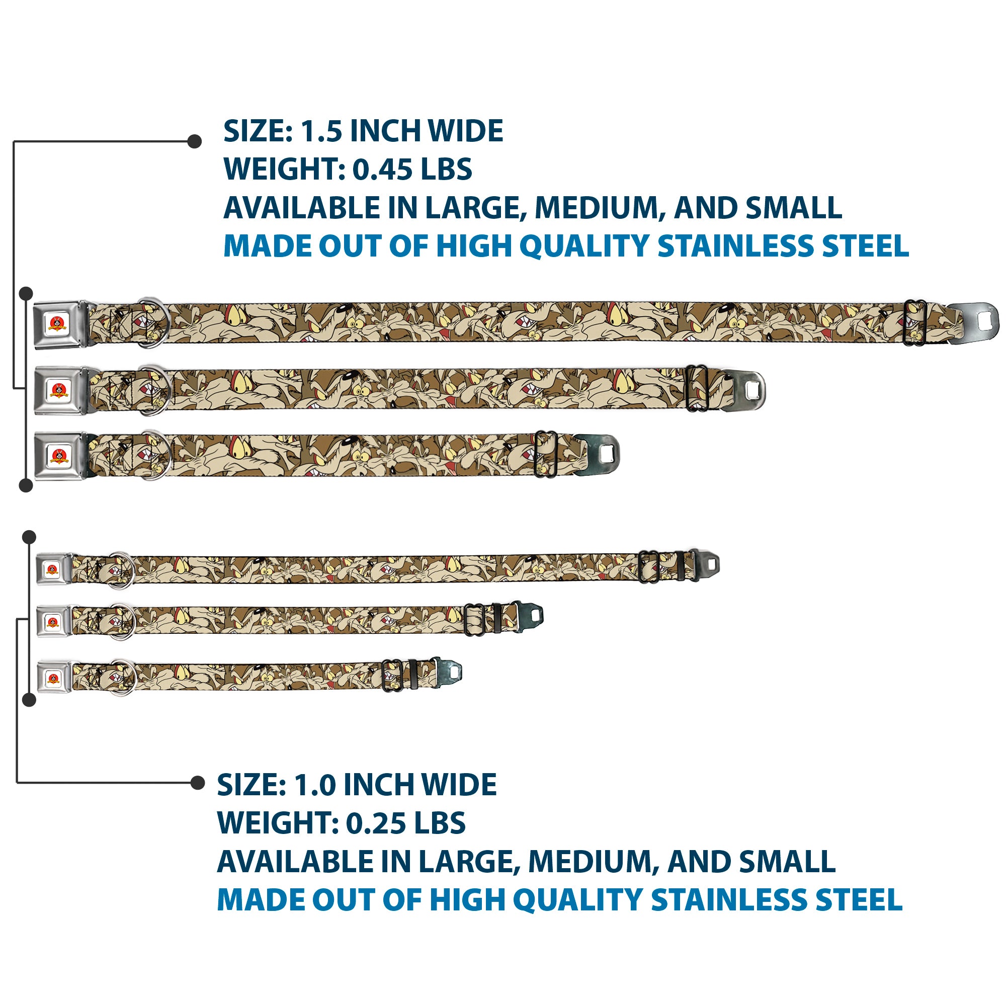 Looney Tunes Logo Full Color White Seatbelt Buckle Collar - Wile E. Coyote Expressions Stacked Seatbelt Buckle Collars Looney Tunes