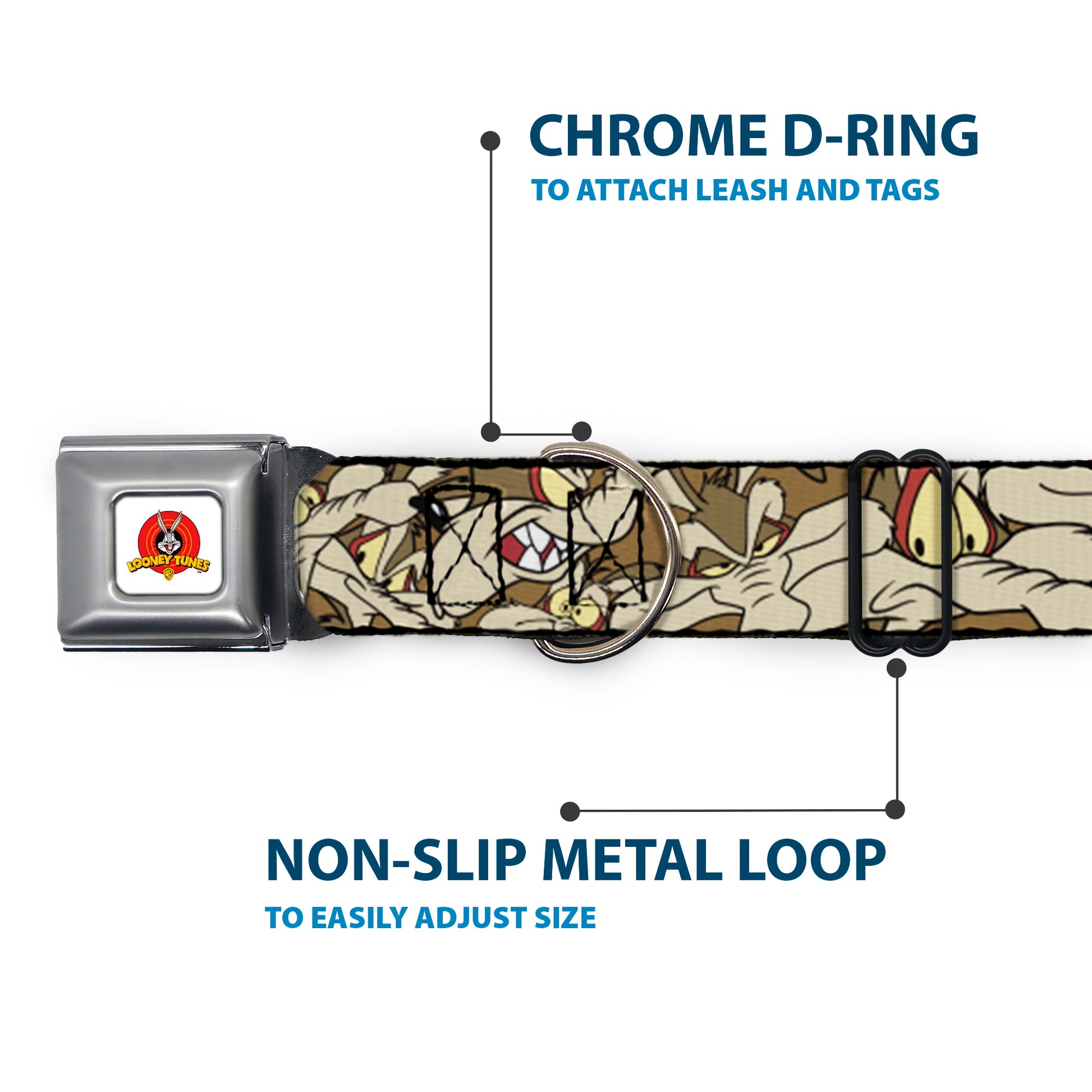Looney Tunes Logo Full Color White Seatbelt Buckle Collar - Wile E. Coyote Expressions Stacked Seatbelt Buckle Collars Looney Tunes