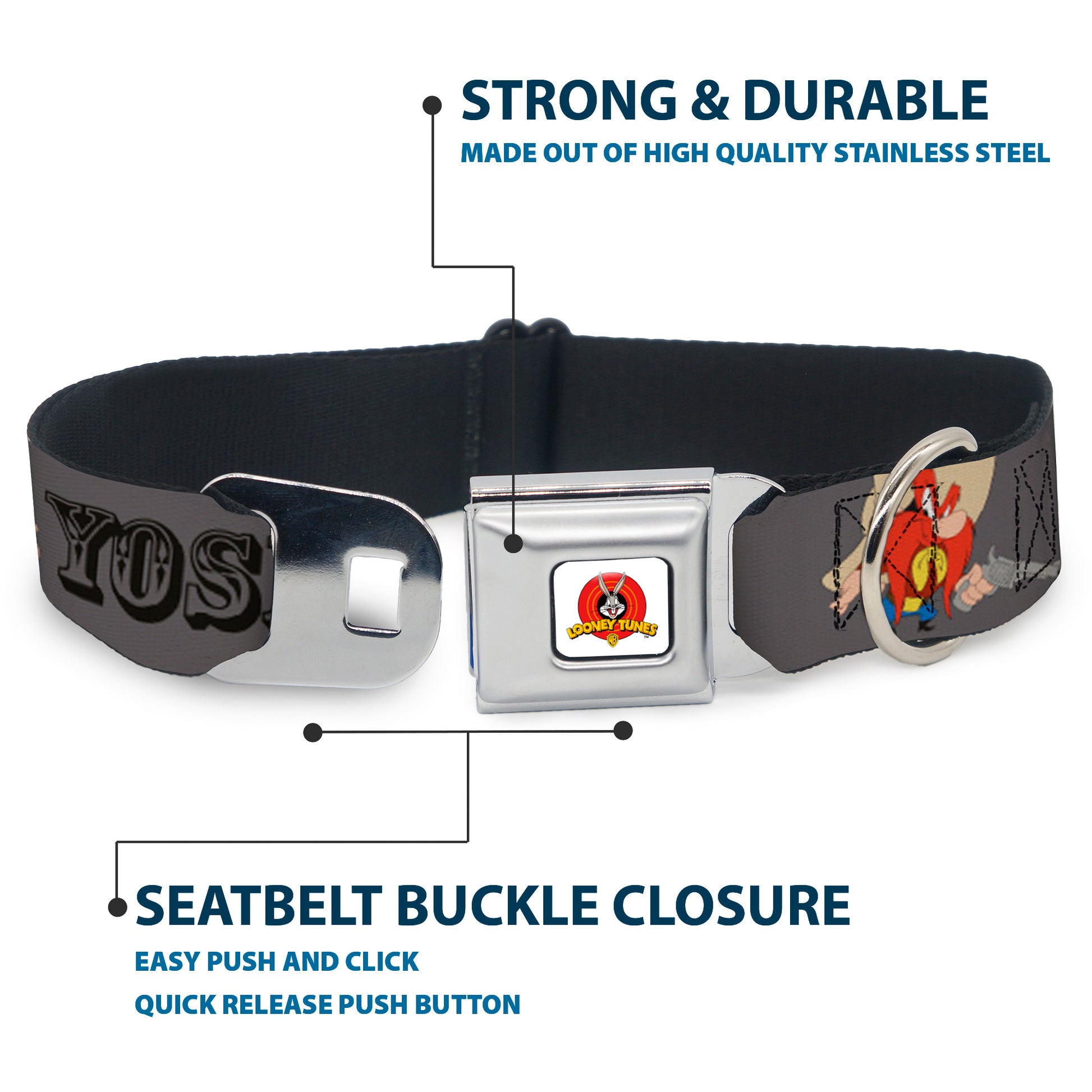 Looney Tunes Logo Full Color White Seatbelt Buckle Collar - YOSEMITE SAM w/Poses Gray Seatbelt Buckle Collars Looney Tunes