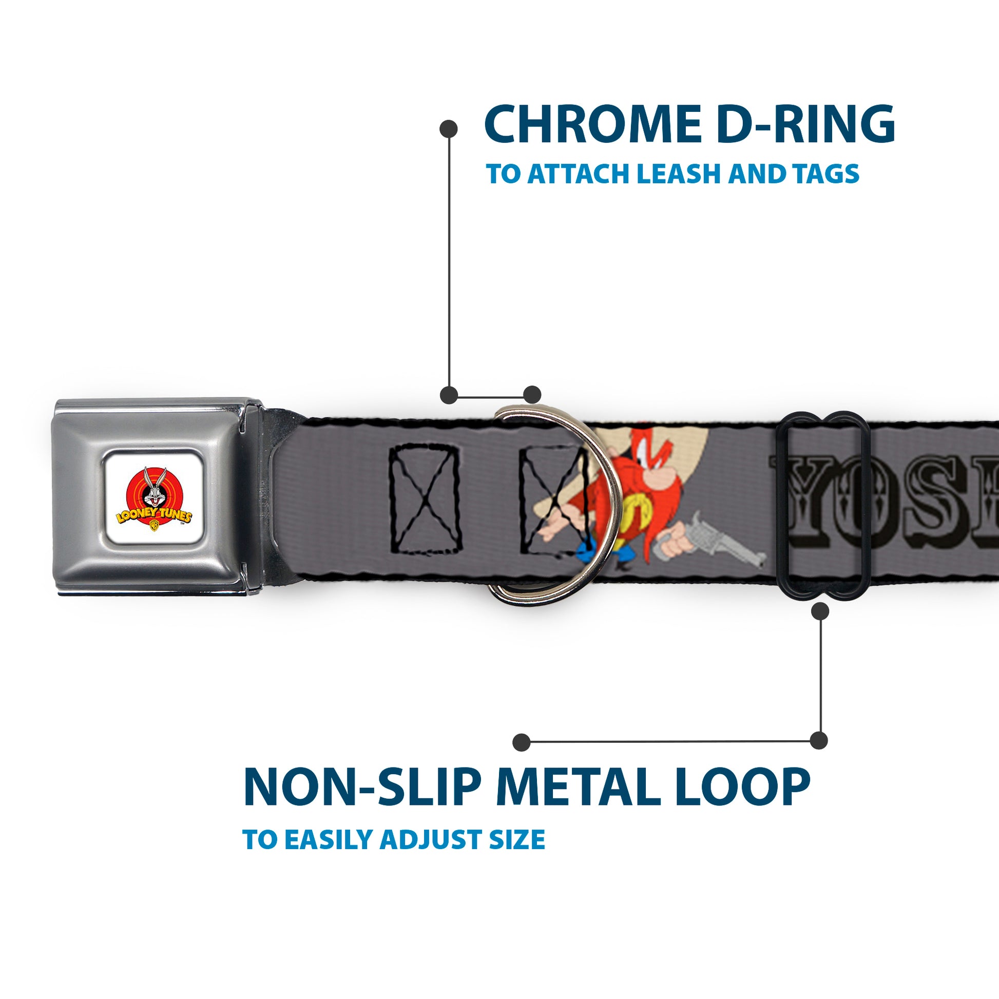 Looney Tunes Logo Full Color White Seatbelt Buckle Collar - YOSEMITE SAM w/Poses Gray Seatbelt Buckle Collars Looney Tunes
