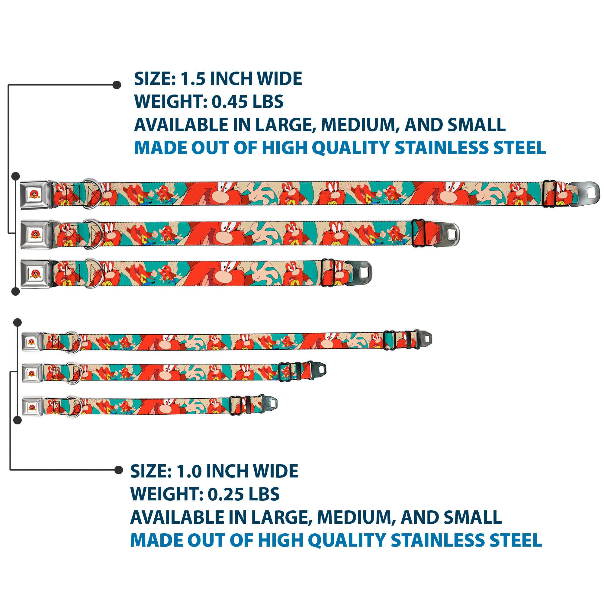 Looney Tunes Logo Full Color White Seatbelt Buckle Collar - Yosemite Sam Poses Turquoise Seatbelt Buckle Collars Looney Tunes