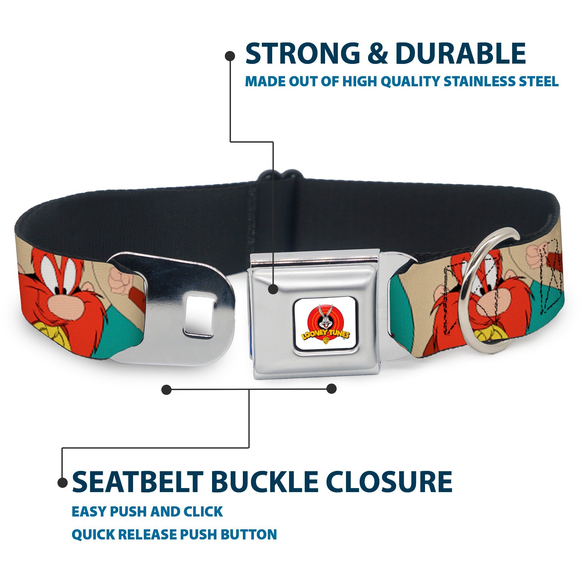 Looney Tunes Logo Full Color White Seatbelt Buckle Collar - Yosemite Sam Poses Turquoise Seatbelt Buckle Collars Looney Tunes