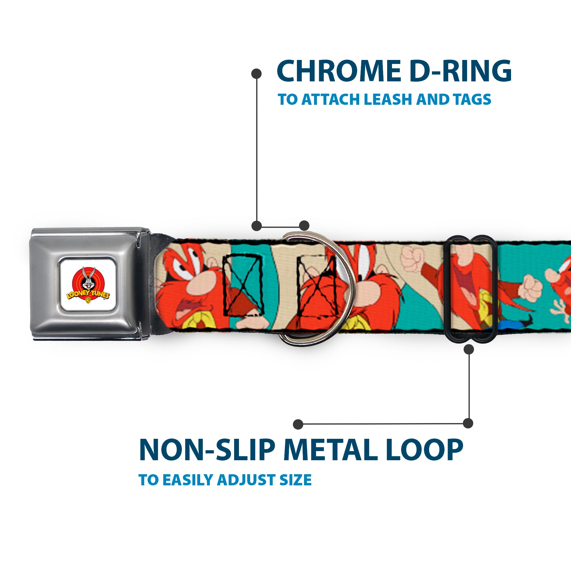 Looney Tunes Logo Full Color White Seatbelt Buckle Collar - Yosemite Sam Poses Turquoise Seatbelt Buckle Collars Looney Tunes