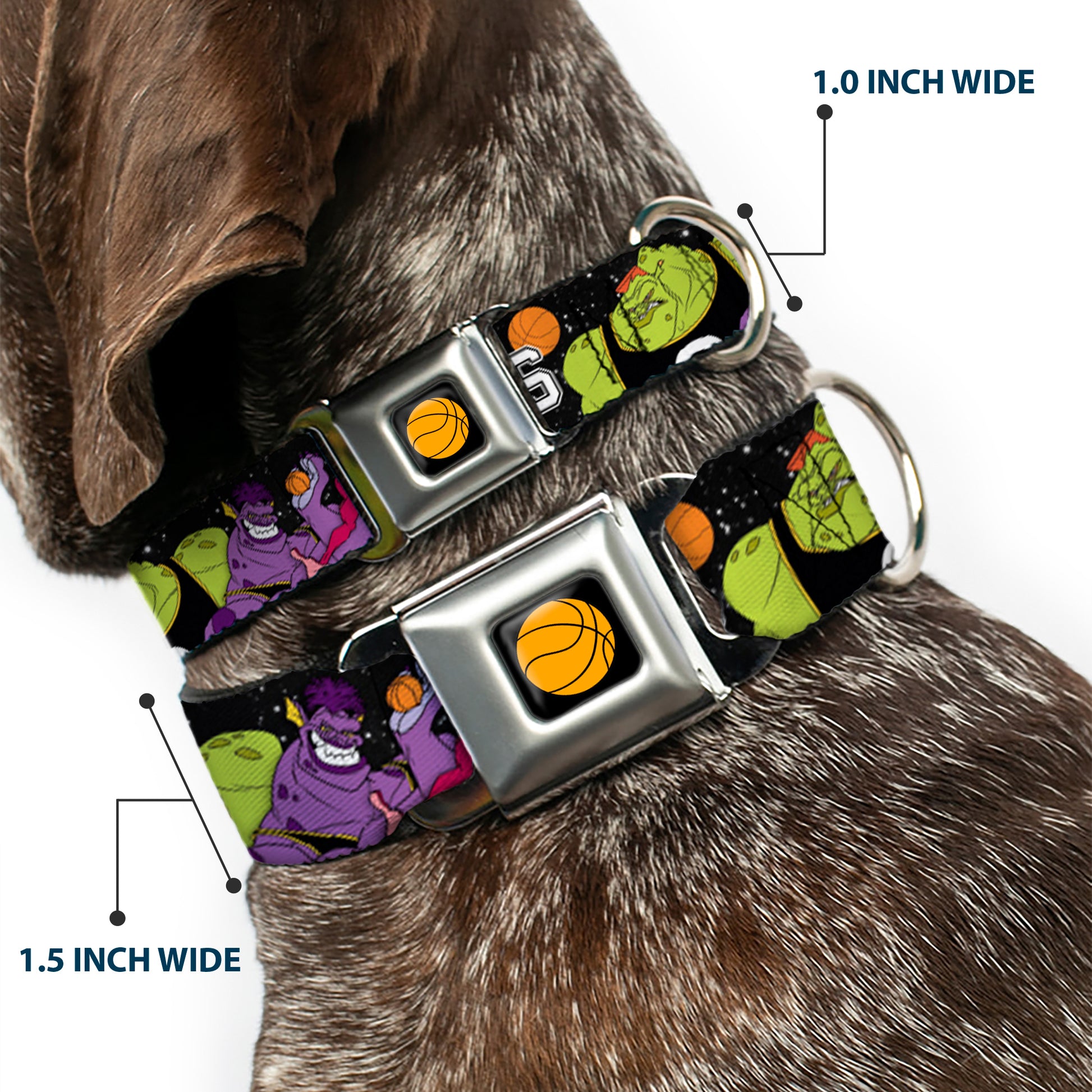 Looney Tunes Basketball Full Color Black Seatbelt Buckle Collar - Space Jam MONSTARS 5-Player Group Pose/Basketballs Galaxy Black/White Seatbelt Buckle Collars Looney Tunes