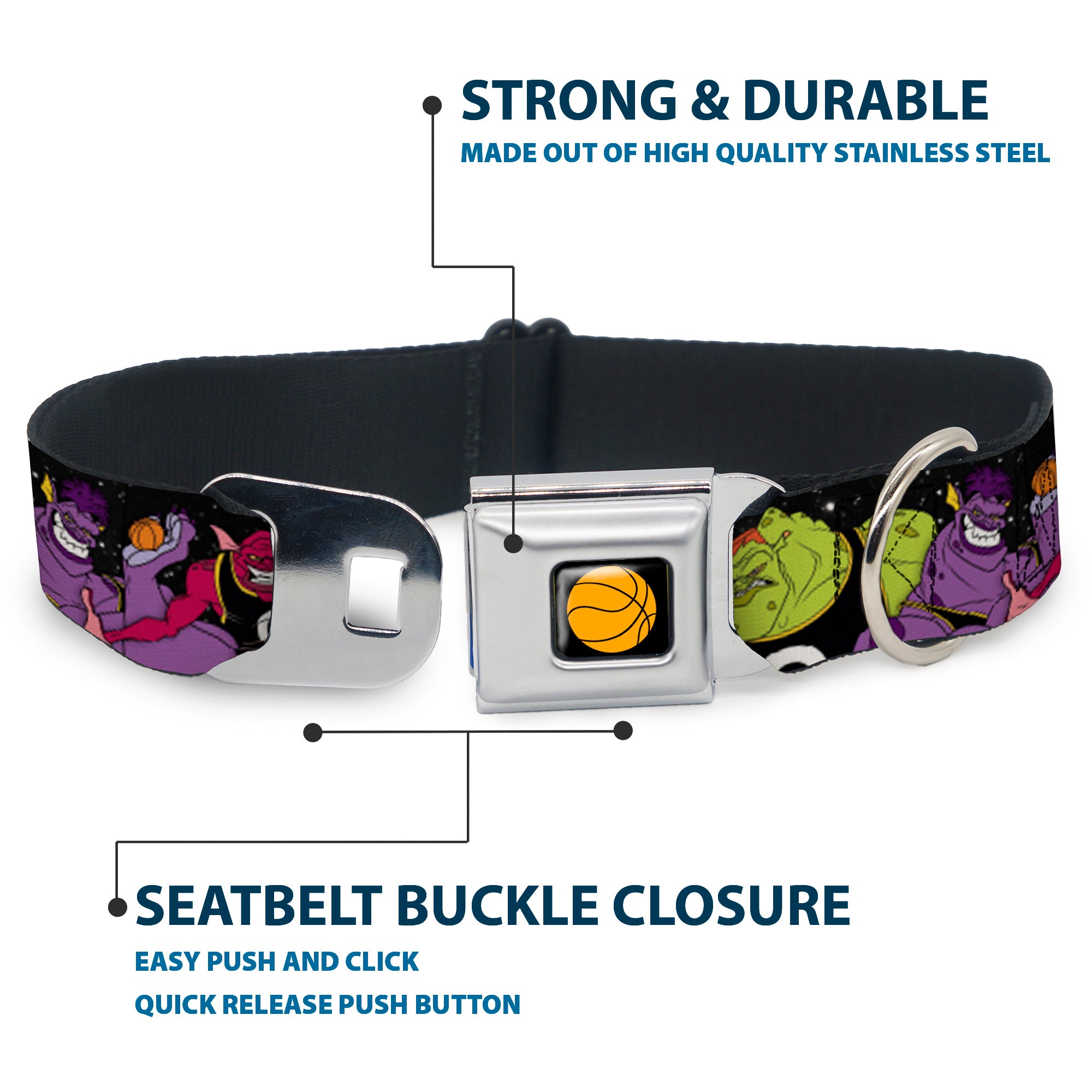 Looney Tunes Basketball Full Color Black Seatbelt Buckle Collar - Space Jam MONSTARS 5-Player Group Pose/Basketballs Galaxy Black/White Seatbelt Buckle Collars Looney Tunes