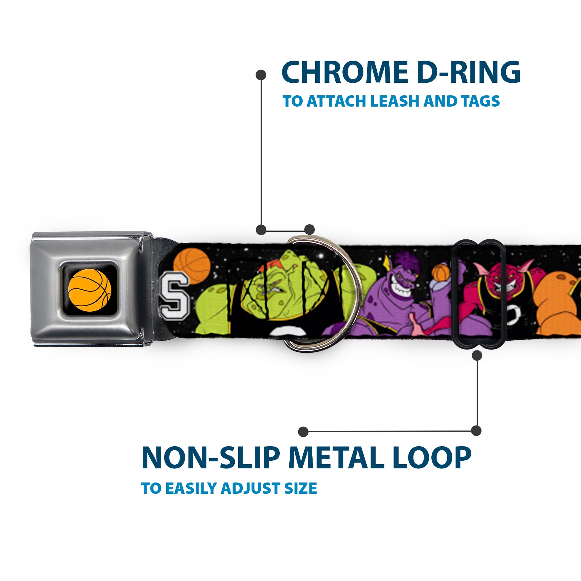 Looney Tunes Basketball Full Color Black Seatbelt Buckle Collar - Space Jam MONSTARS 5-Player Group Pose/Basketballs Galaxy Black/White Seatbelt Buckle Collars Looney Tunes