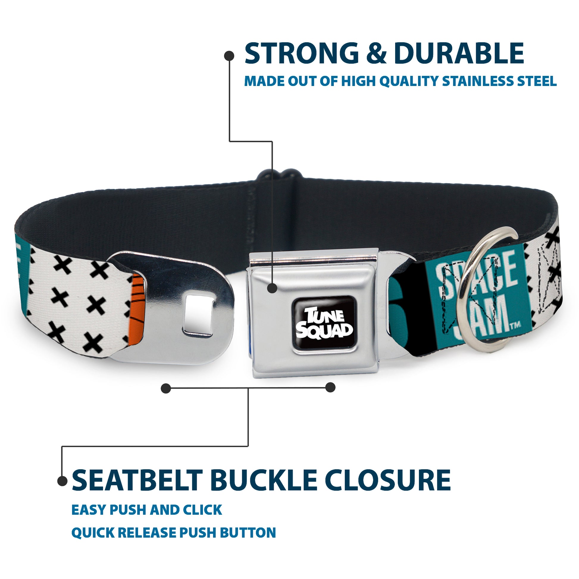Space Jam 2 TUNE SQUAD Logo Full Color Black/White Seatbelt Buckle Collar - SPACE JAM Number 6 Blocks Black/Turquoise/White/Red Seatbelt Buckle Collars Looney Tunes