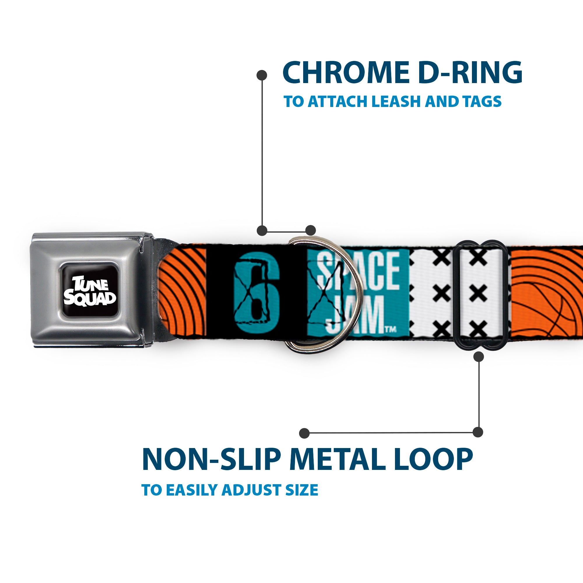 Space Jam 2 TUNE SQUAD Logo Full Color Black/White Seatbelt Buckle Collar - SPACE JAM Number 6 Blocks Black/Turquoise/White/Red Seatbelt Buckle Collars Looney Tunes